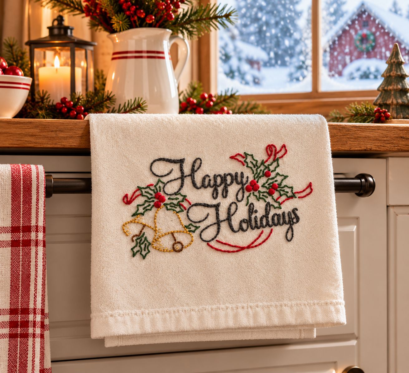 Hand Embroidered Happy Holidays Kitchen Towel