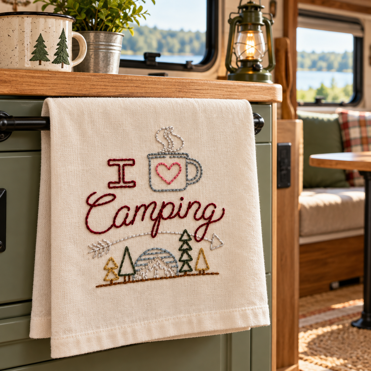 Hand Embroidered I Love Camping Kitchen Towel — Camping Decor