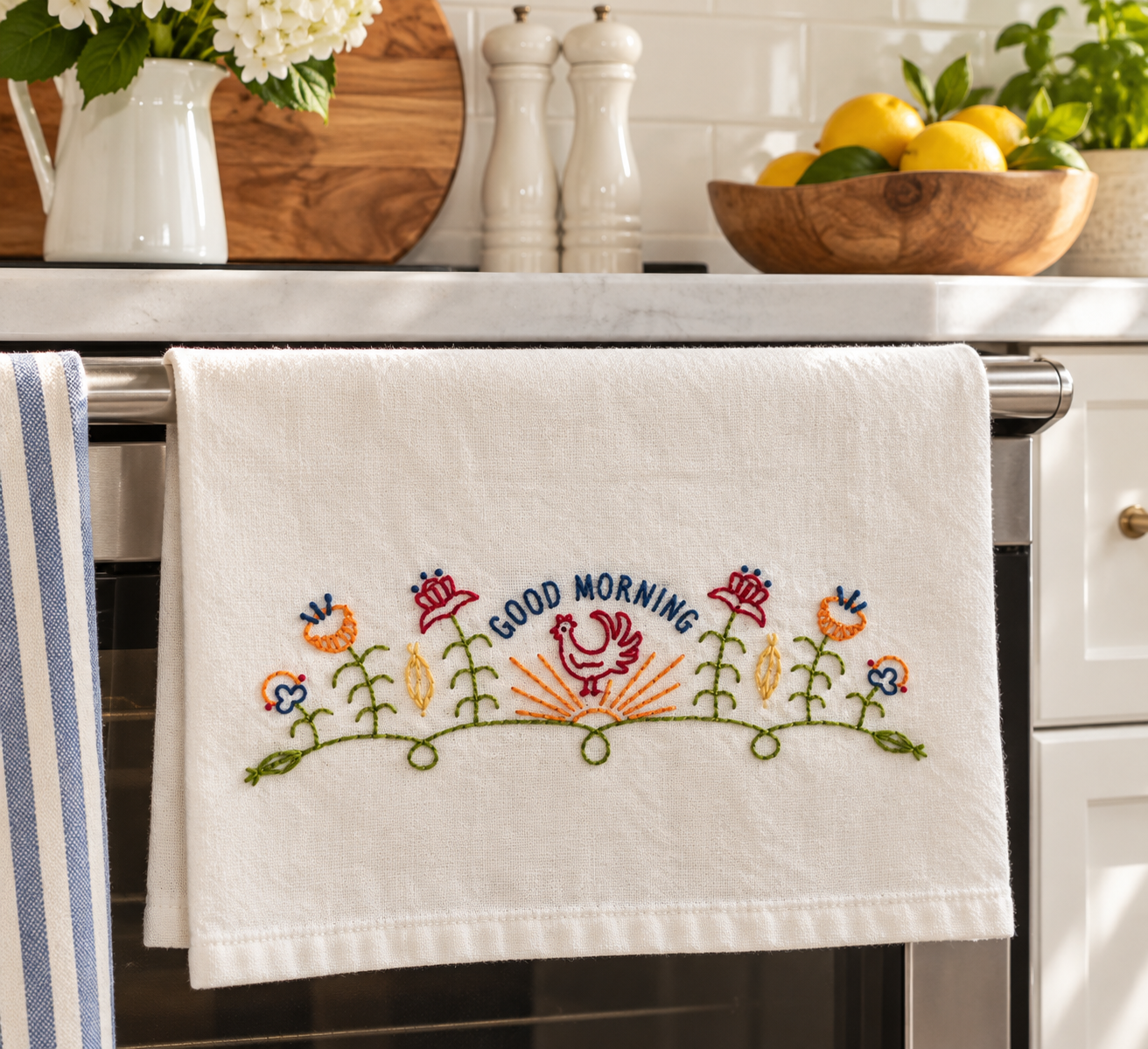 Hand Embroidered Good Morning Rooster Kitchen Towel