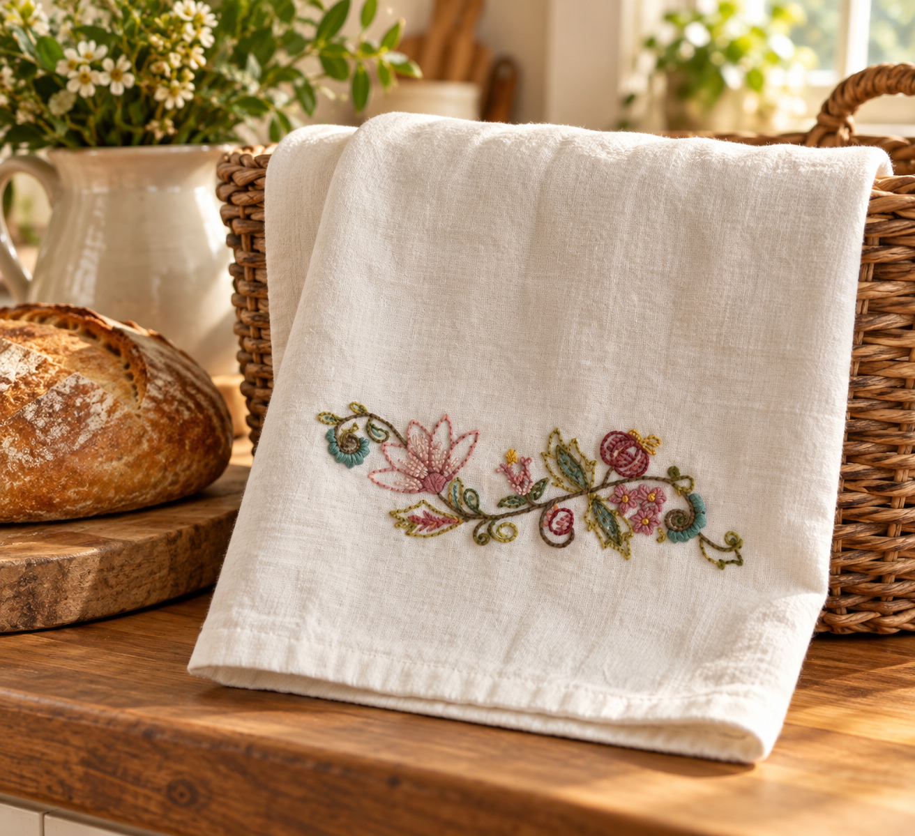 Hand Embroidered Floral Vine Kitchen Towel