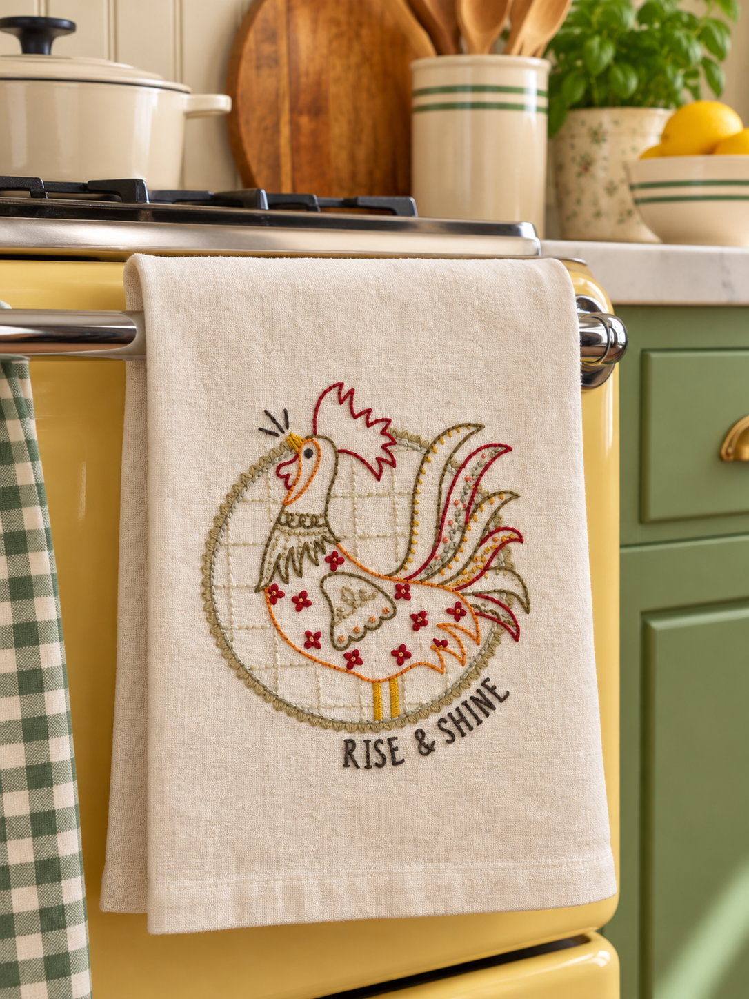 Hand Embroidered Rise & Shine Rooster Kitchen Towel
