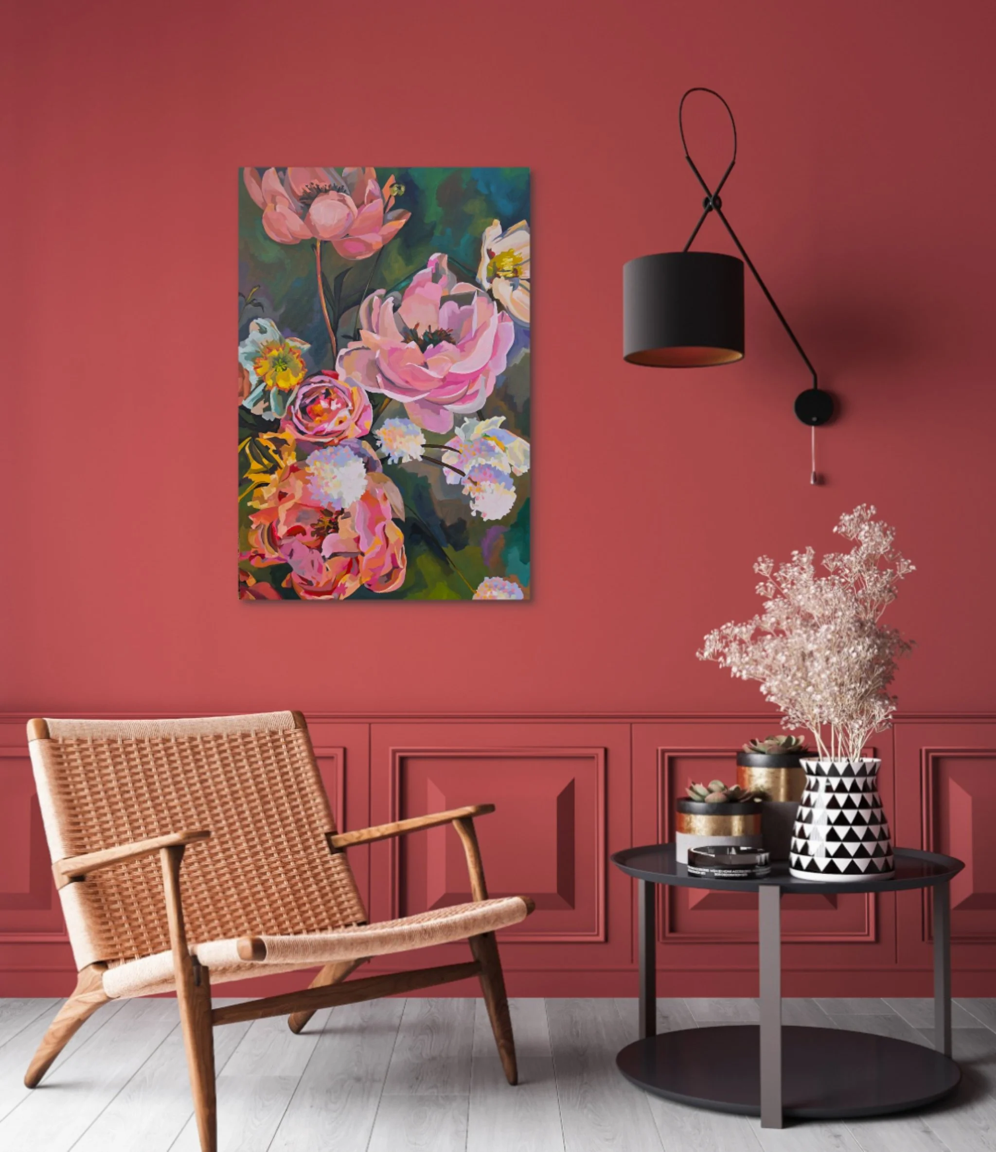 Wild Abundance original floral painting displayed in a terracotta-colored living room