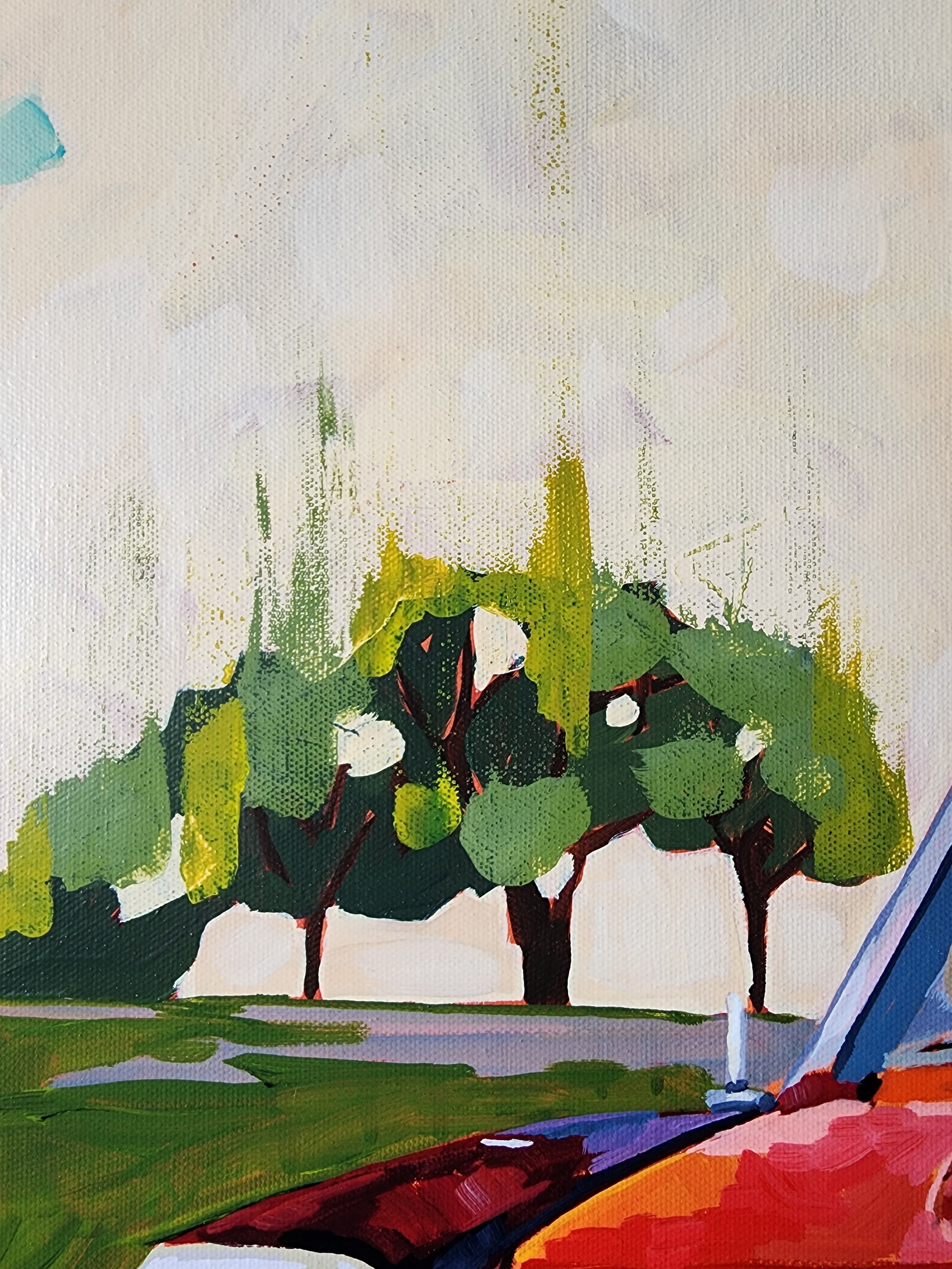 Urban figurative painting of man sitting on vintage Ford Galaxie, original acrylic artwork 30x24