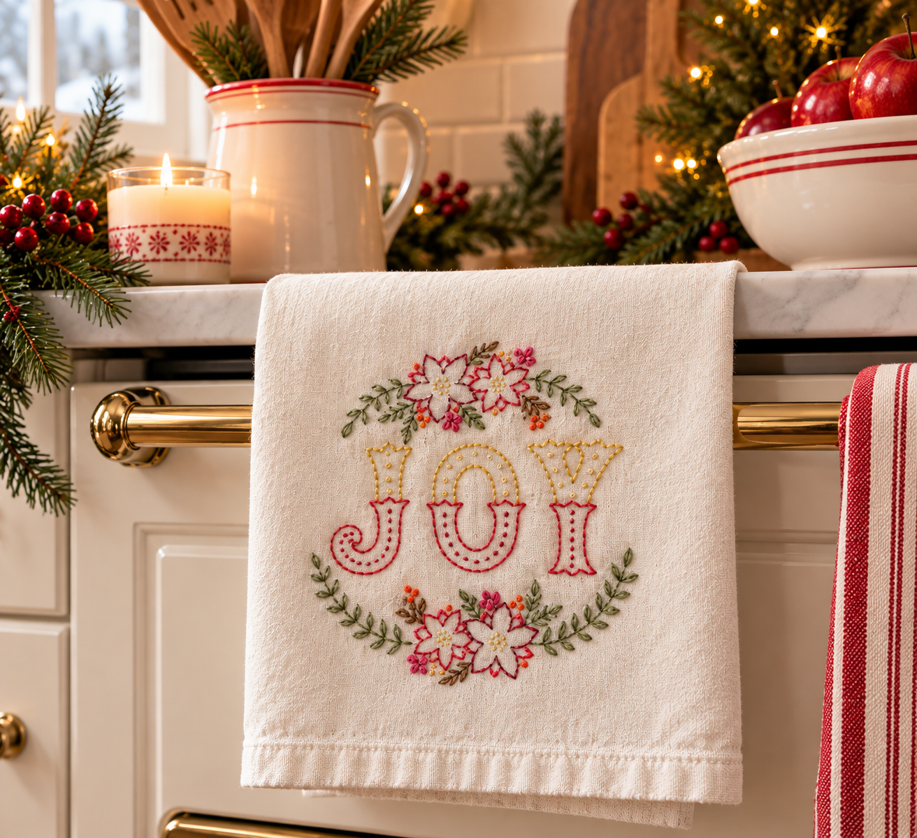 Hand Embroidered JOY Floral Wreath Kitchen Towel