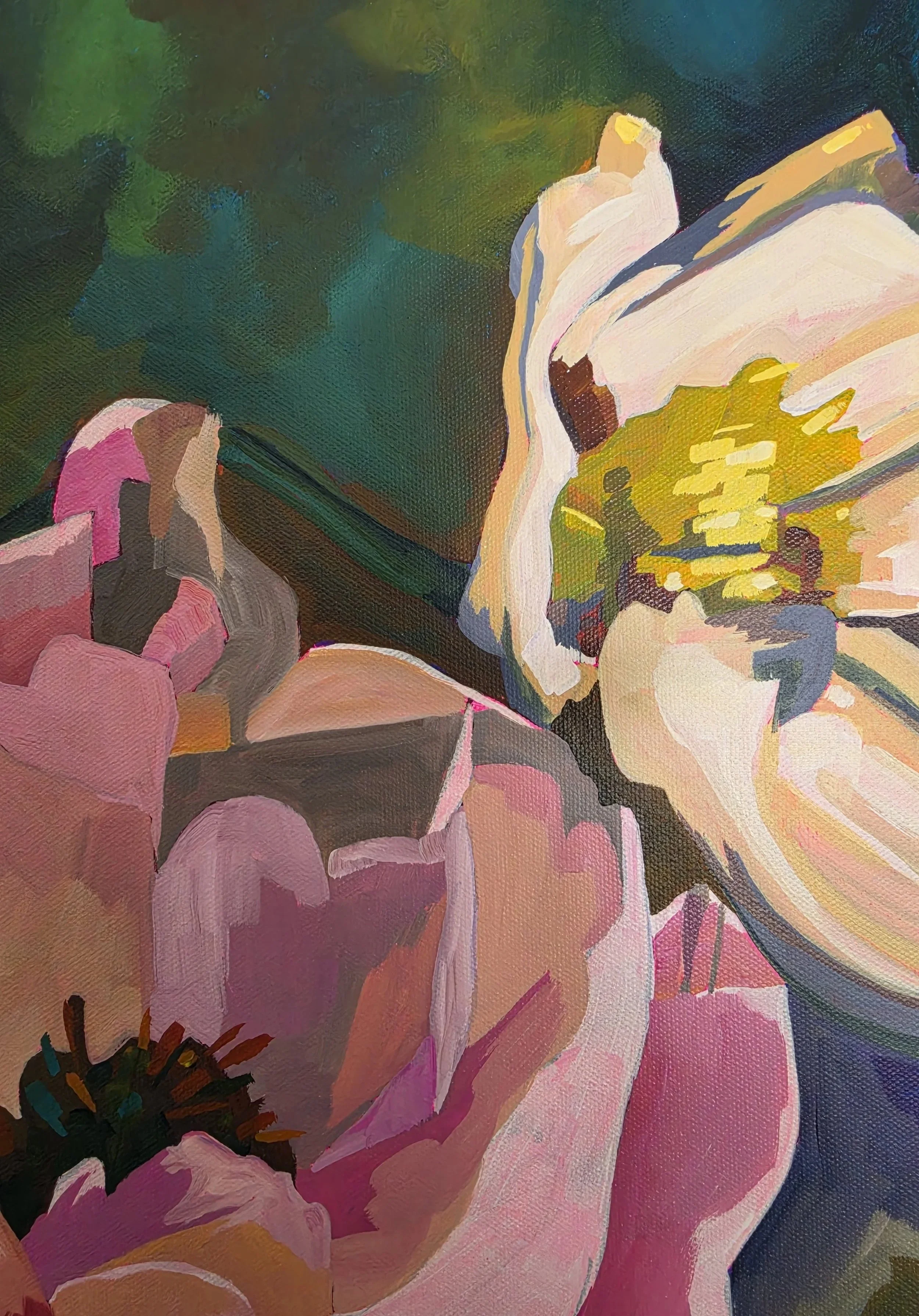 Close-up detail of white and pink flowers in Wild Abundance original painting