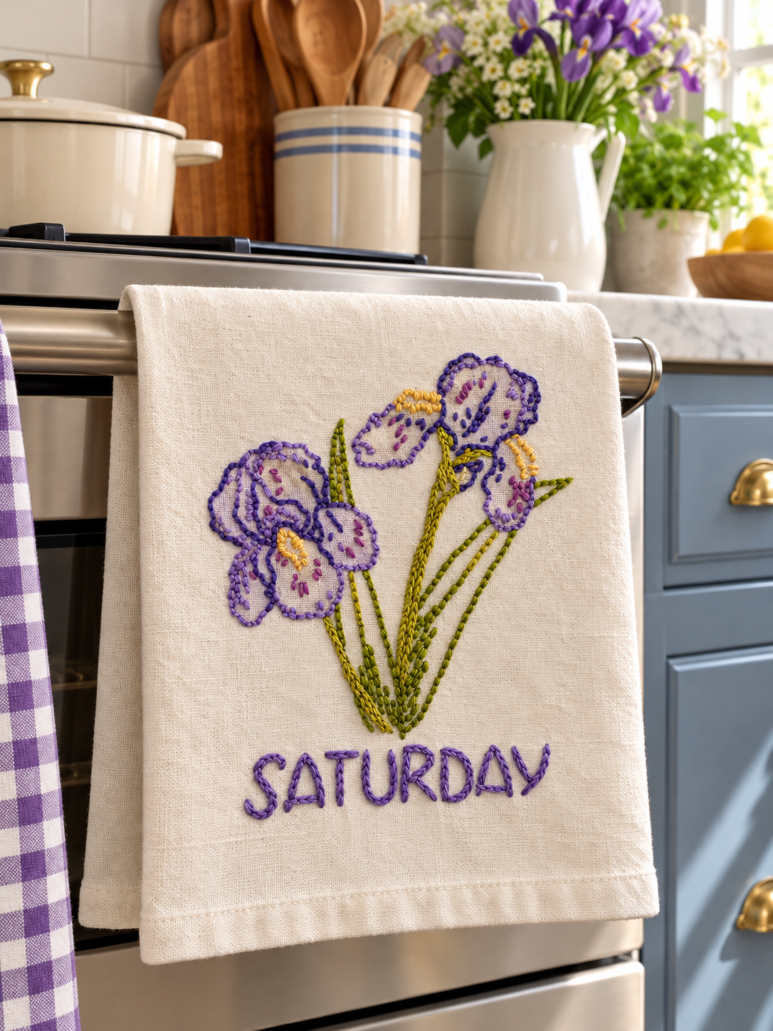 Hand Embroidered Saturday Iris Kitchen Towel