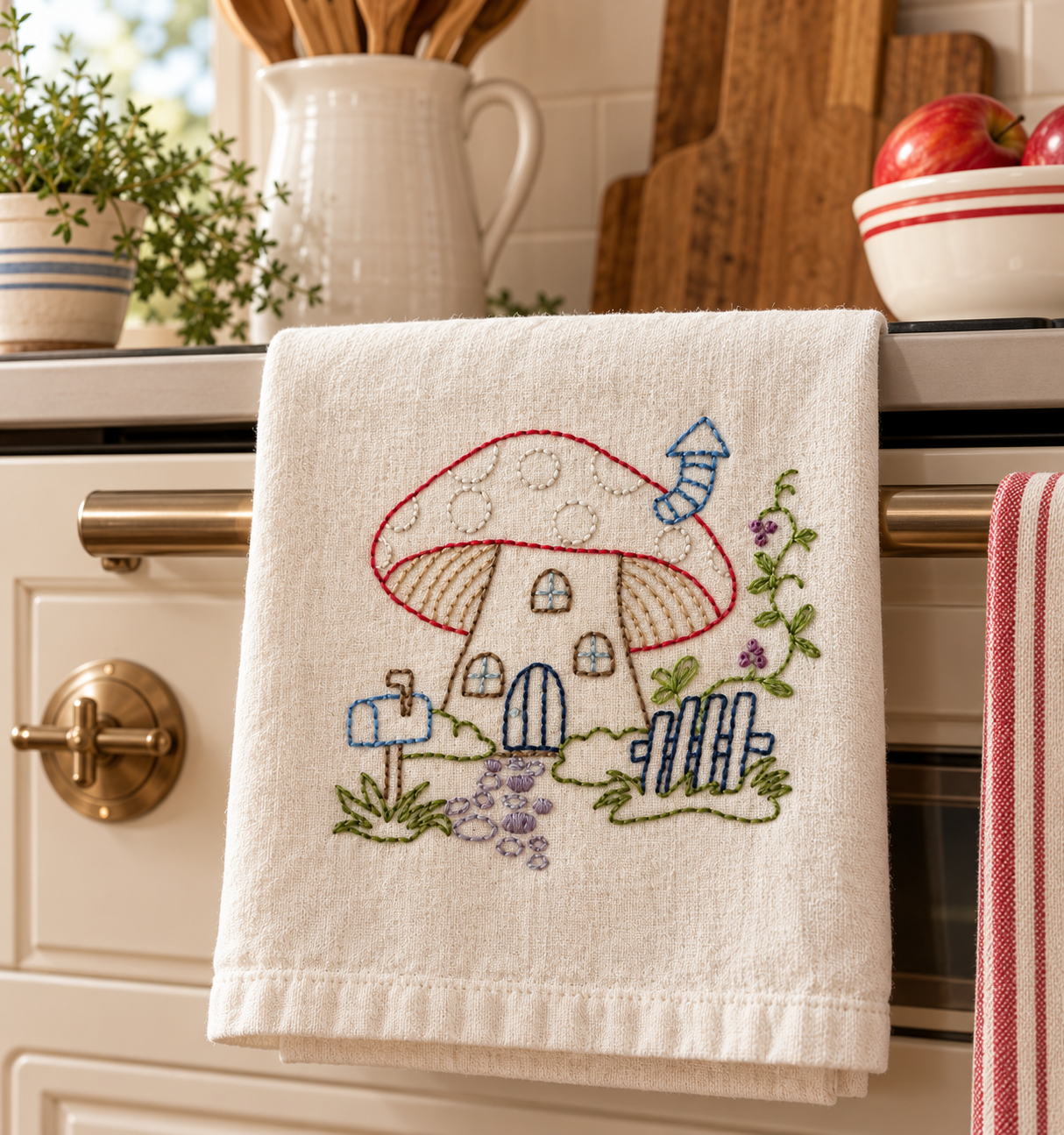 Hand-Embroidered Mushroom Cottage Kitchen Towel