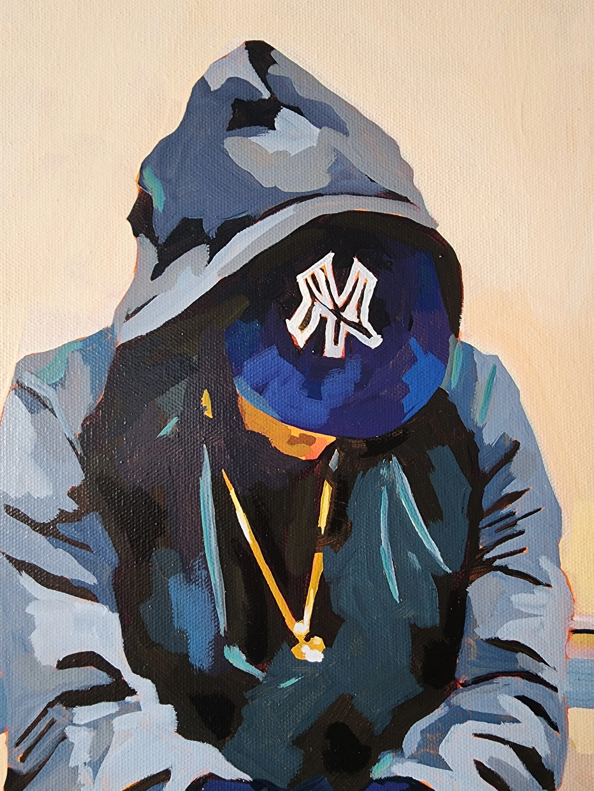 Urban figurative painting of man sitting on vintage Ford Galaxie, original acrylic artwork 30x24