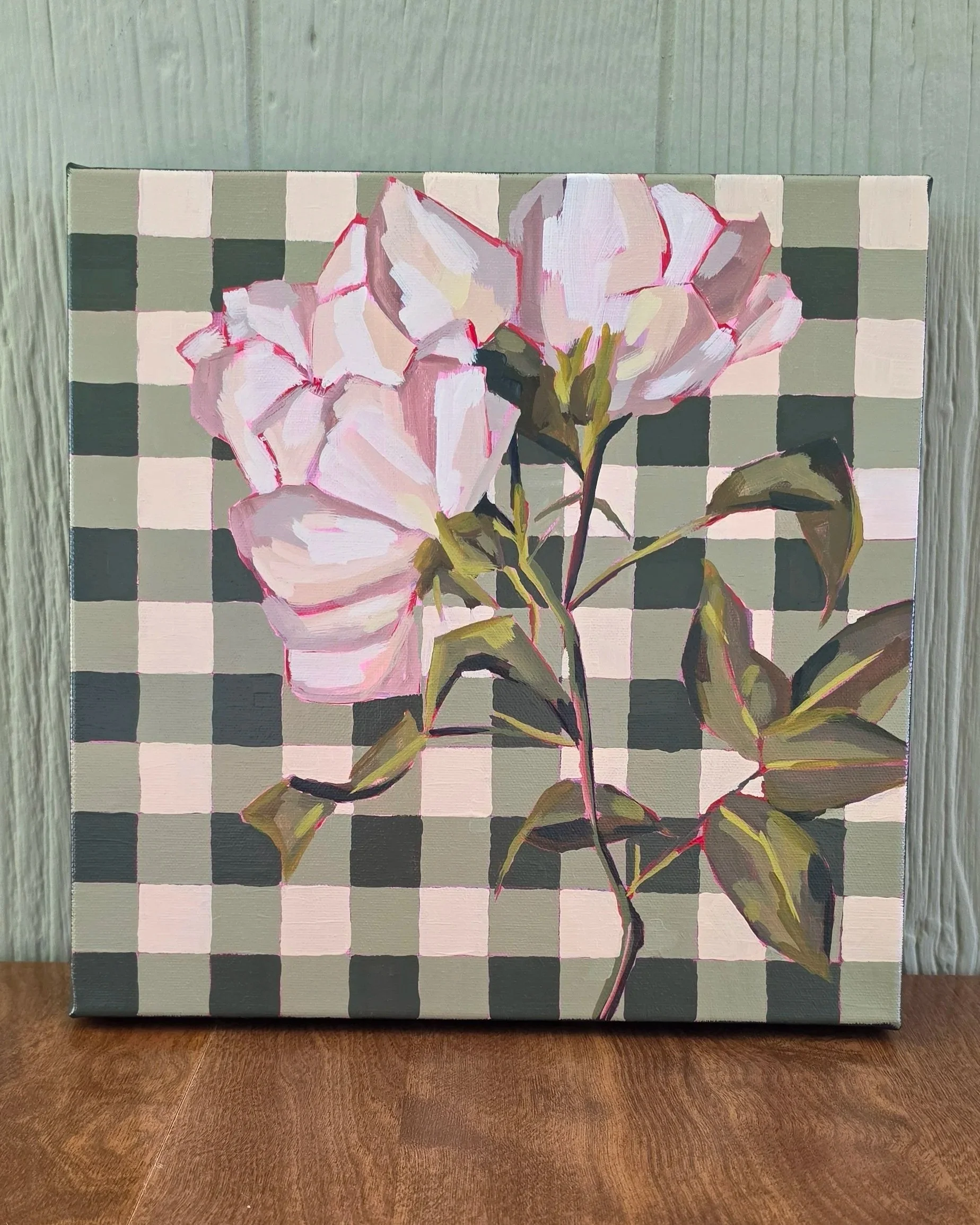 Original 12×12 acrylic painting featuring soft pink roses on a sage green gingham background by Robin Werner.