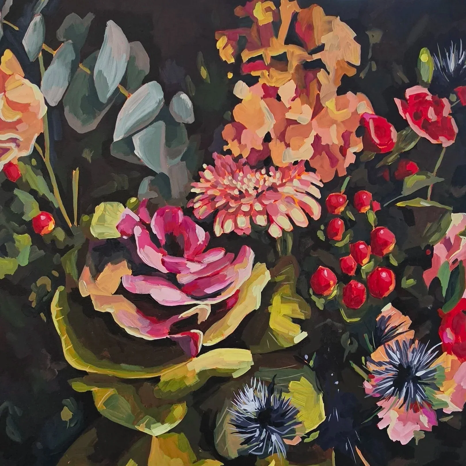 Colorful original acrylic floral painting featuring pink, peach, red, and blue flowers with berries against a dark background.