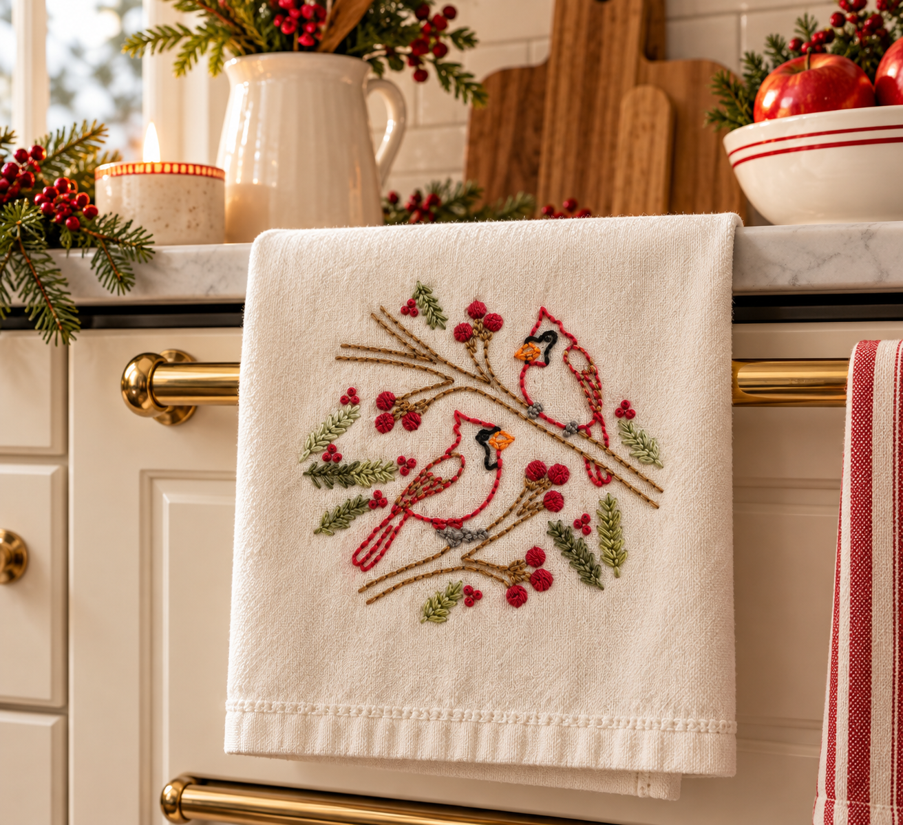 Hand Embroidered Cardinals & Berries Kitchen Towel