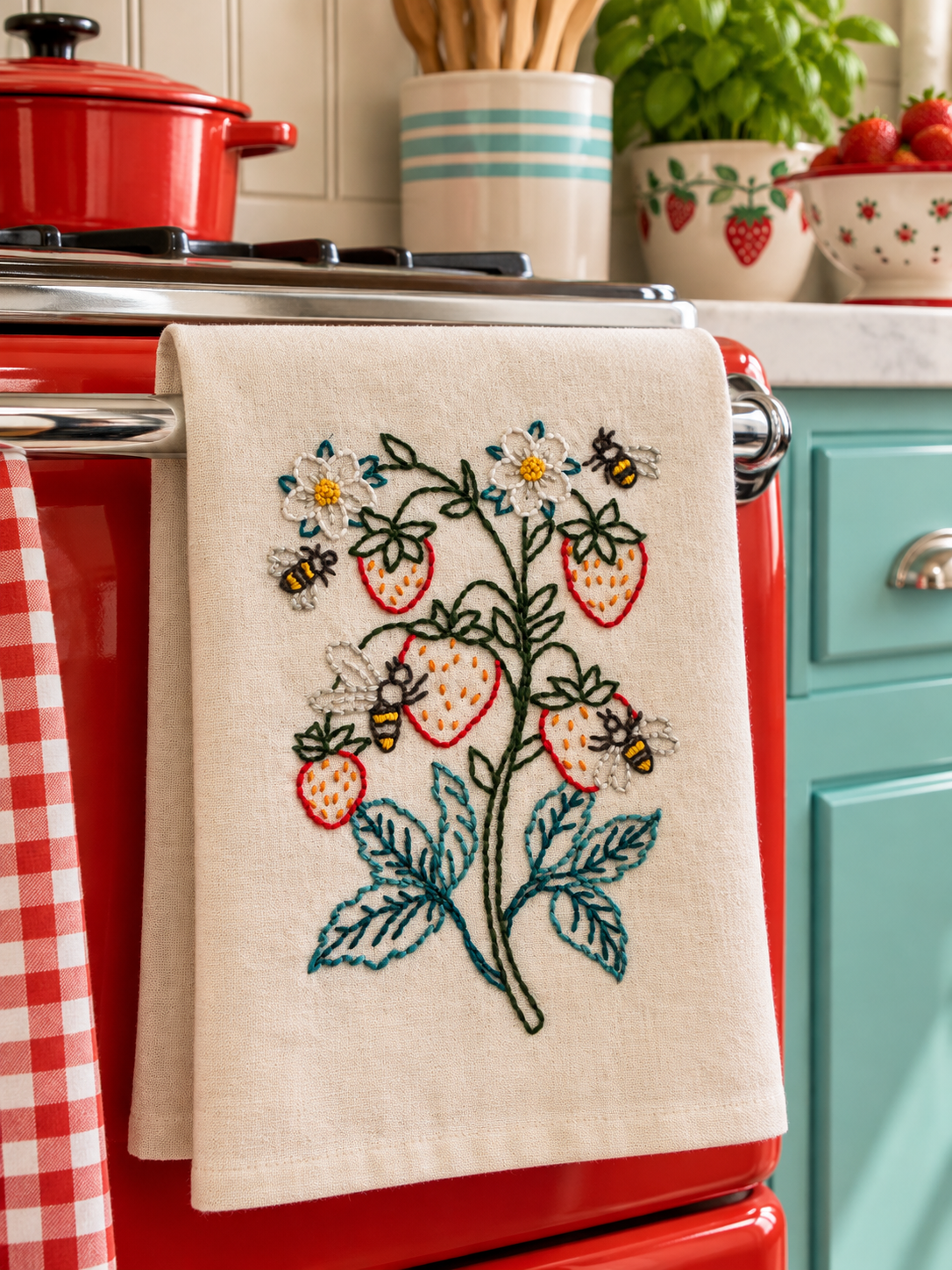 Hand Embroidered Strawberry & Bee Towel — Handmade Cotton Kitchen Towel