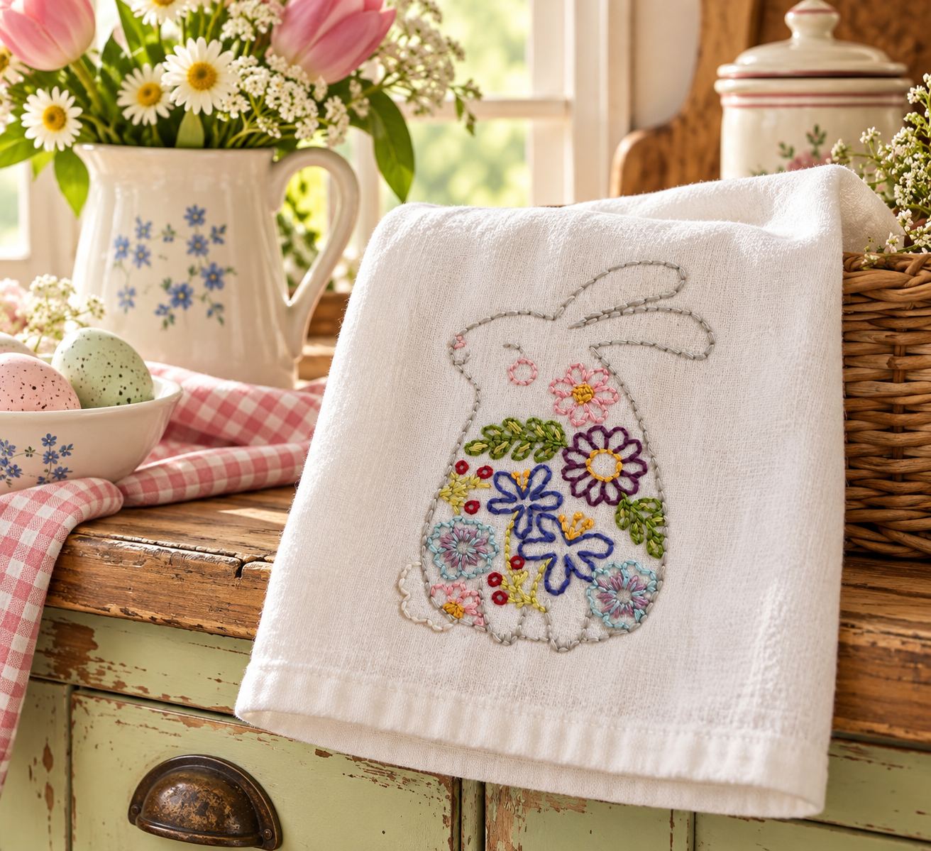 Hand Embroidered Floral Bunny Kitchen Towel