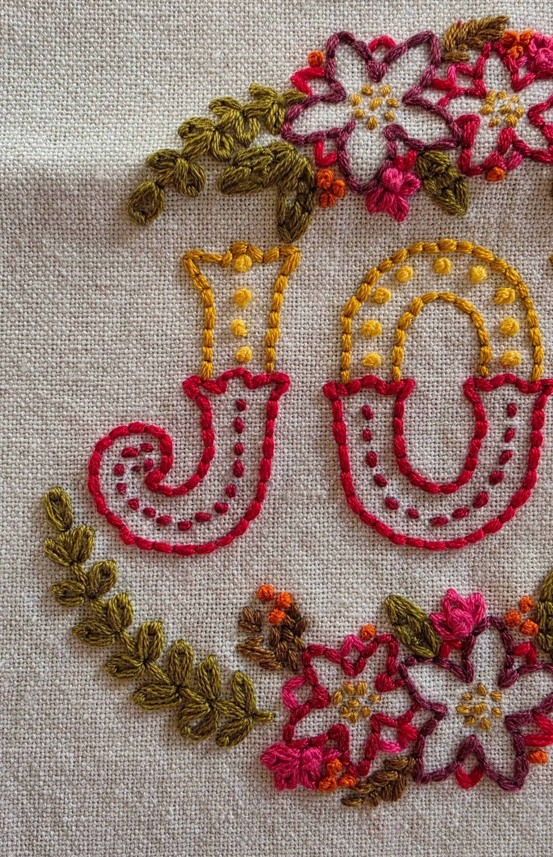 Close-up of gold and red hand-embroidered lettering on the JOY kitchen towel.