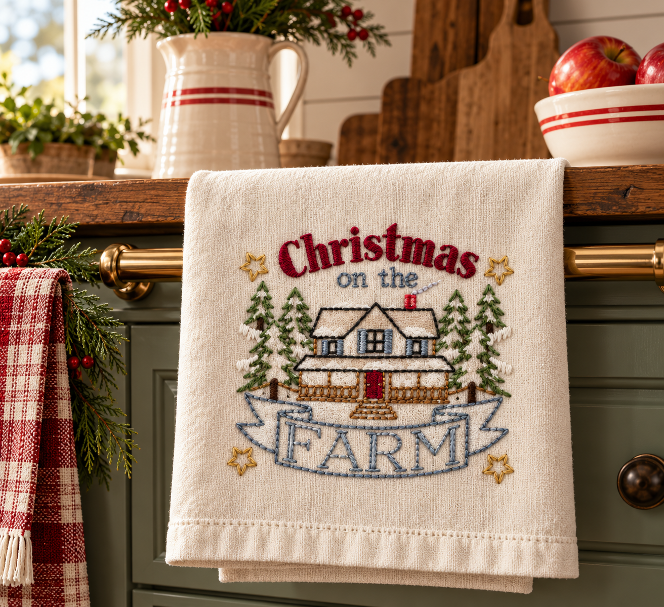 Hand Embroidered Christmas on the Farm Towel