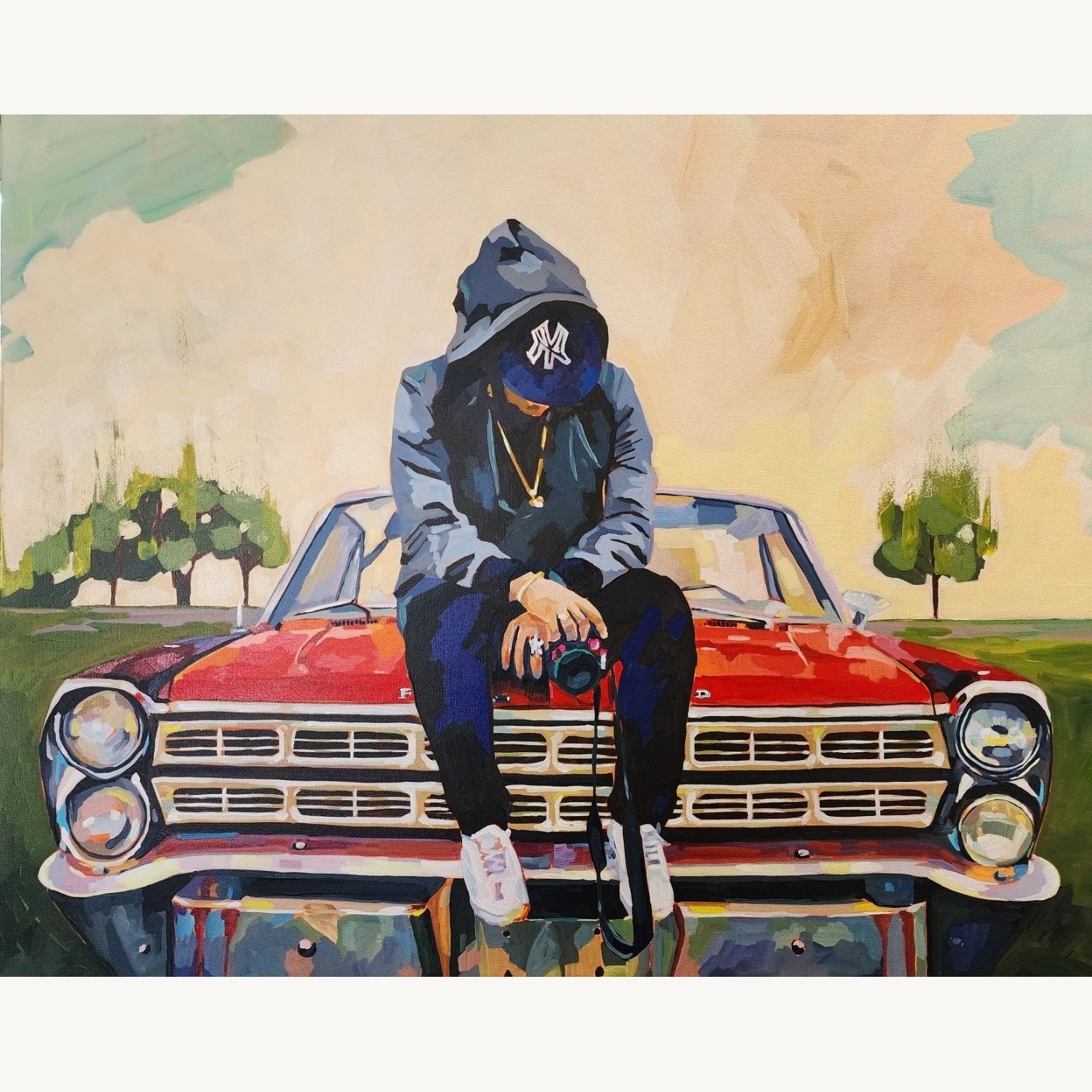 Urban Figurative Painting with Ford Galaxie — Acrylic Painting 30x24 — "Capture the Galaxie"