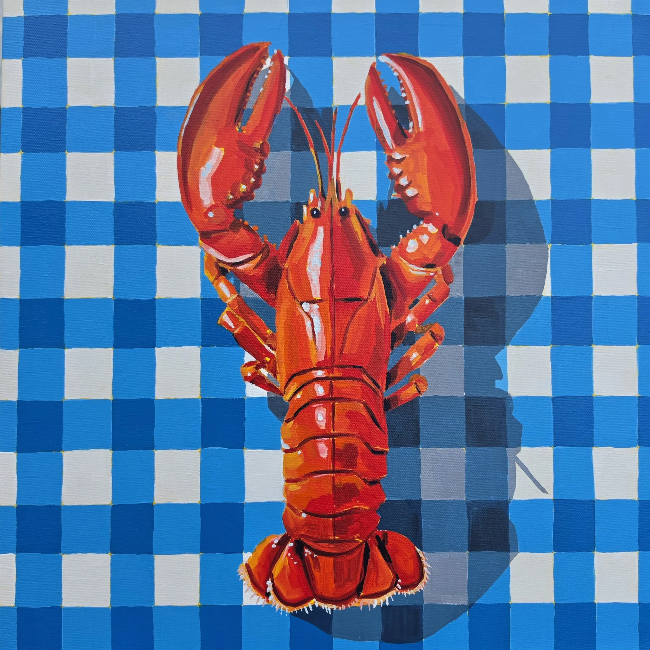 Original 16×16 acrylic painting of a bright red lobster on a blue and white gingham background by artist Robin Rae Werner