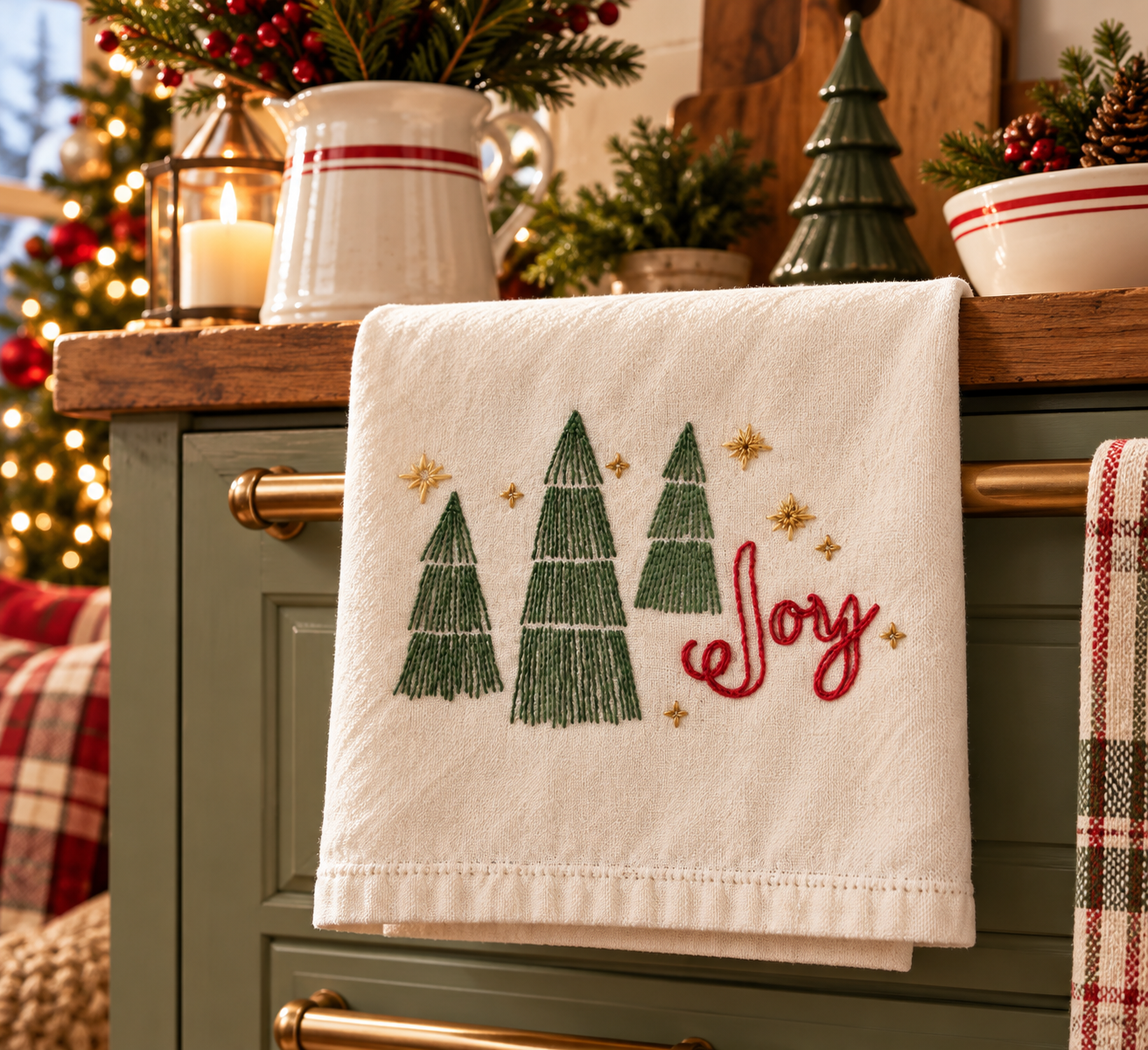 Hand Embroidered Christmas Joy Kitchen Towel
