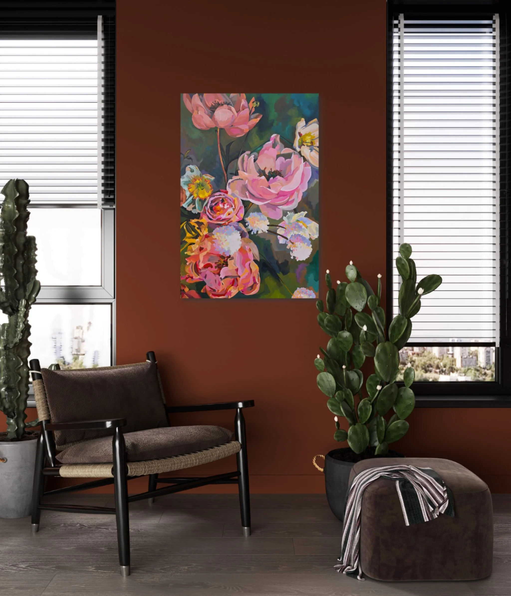Wild Abundance original floral painting displayed in a dark, dramatic interior