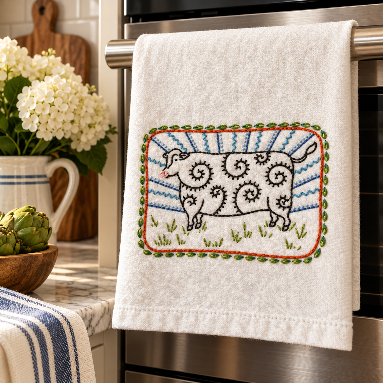 Whimsical Cow Embroidered Dish Towel