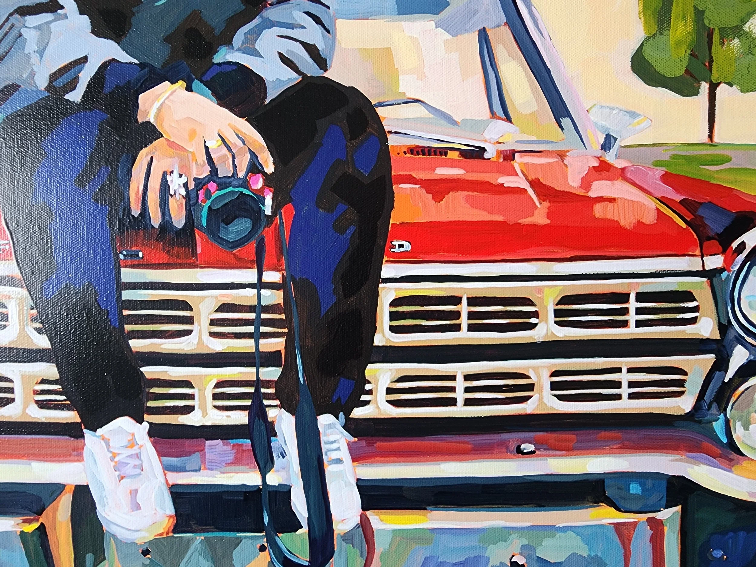 Urban figurative painting of man sitting on vintage Ford Galaxie, original acrylic artwork 30x24