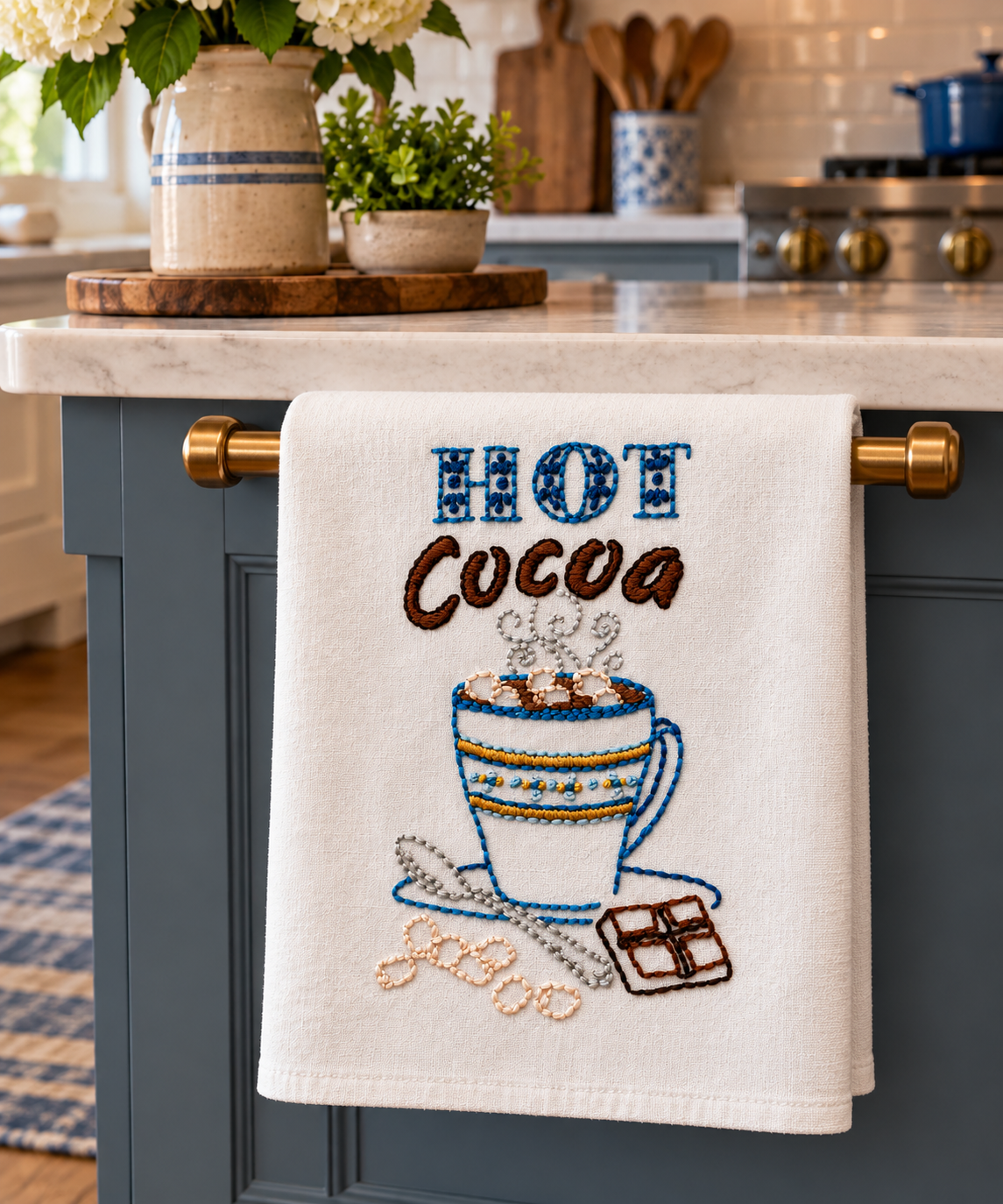 Hand Embroidered "Hot Cocoa" Kitchen Towel