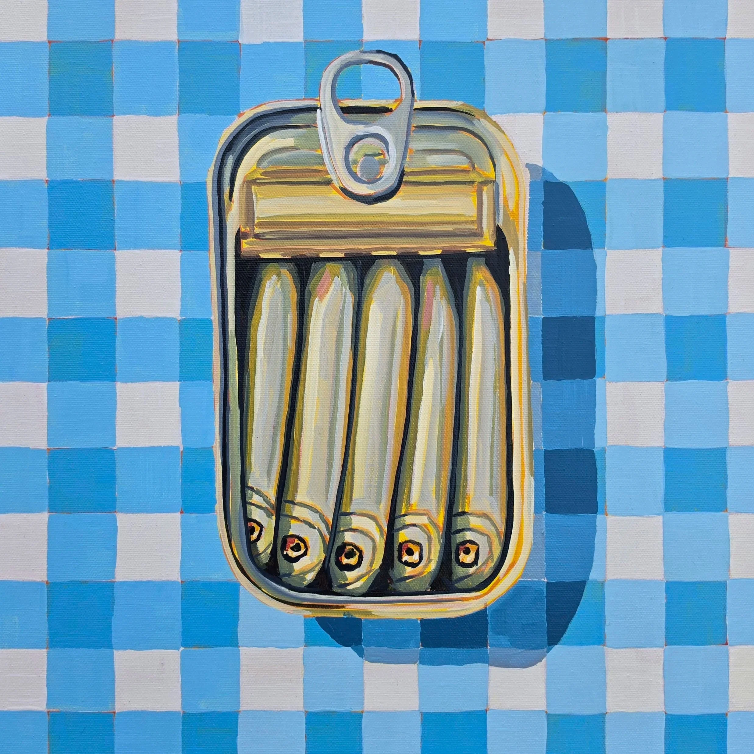 Original 16×16 acrylic painting of a vintage-inspired sardine tin on a blue and white gingham background by artist Robin Rae Werner