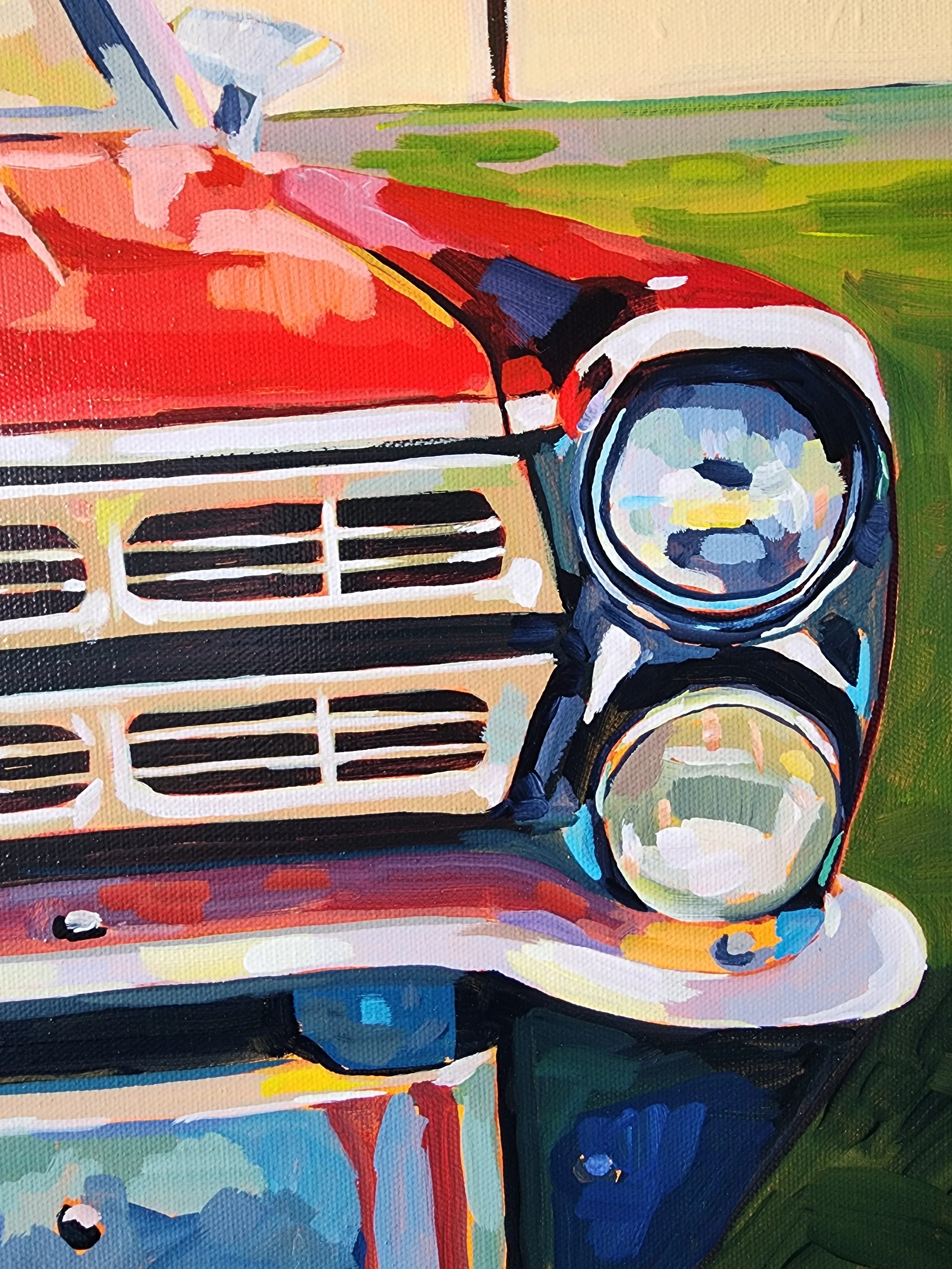 Urban figurative painting of man sitting on vintage Ford Galaxie, original acrylic artwork 30x24