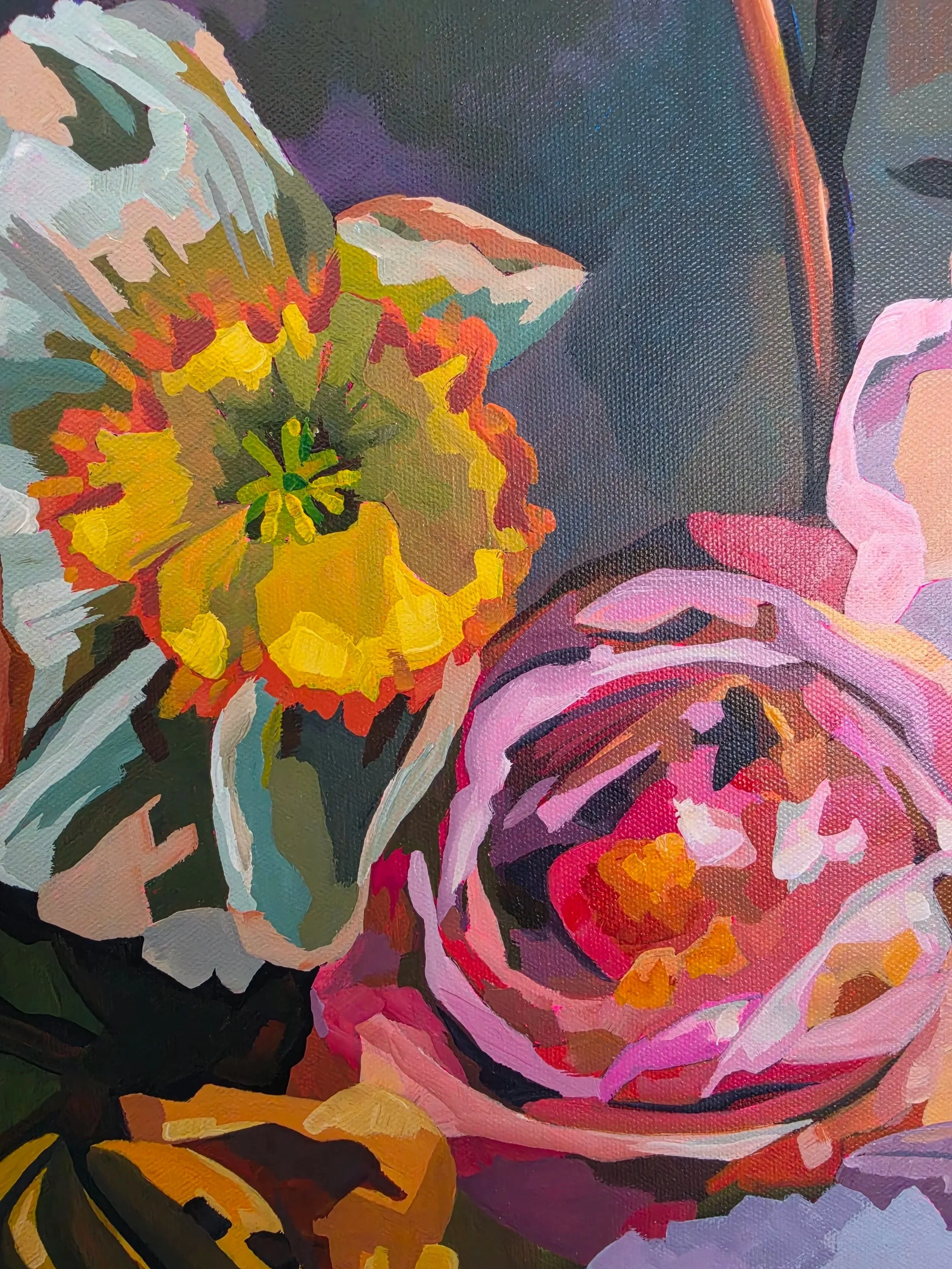 Close-up detail of yellow and pink flowers in Wild Abundance floral painting