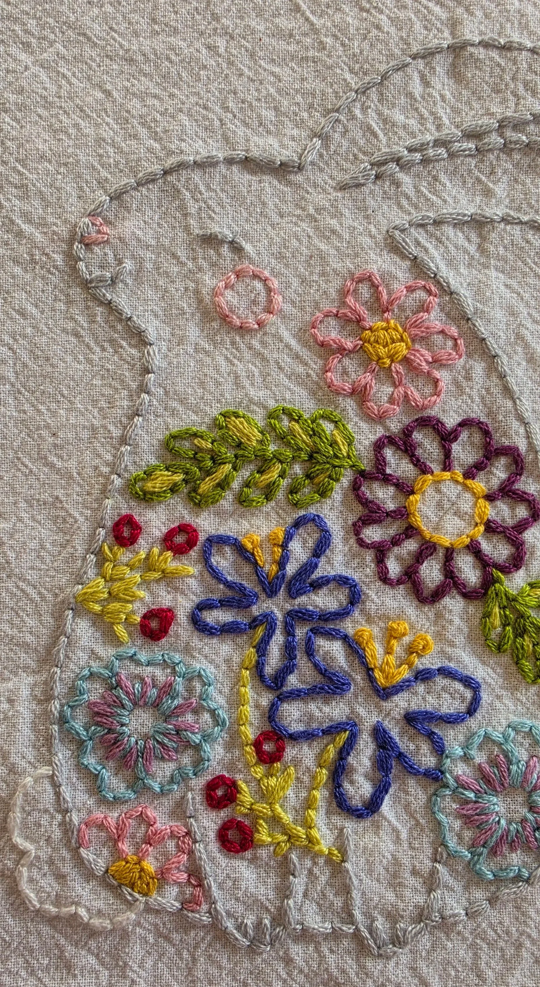 Close-up of pink, purple, and blue embroidered flowers with green leaves decorating a floral bunny towel.