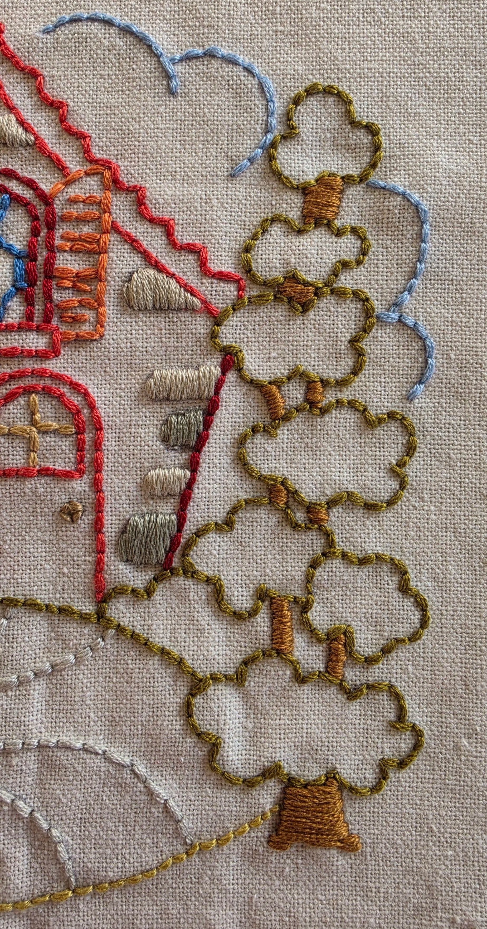 Close-up of hand-embroidered cottage landscape featuring green trees, a winding path, and colorful flowers.