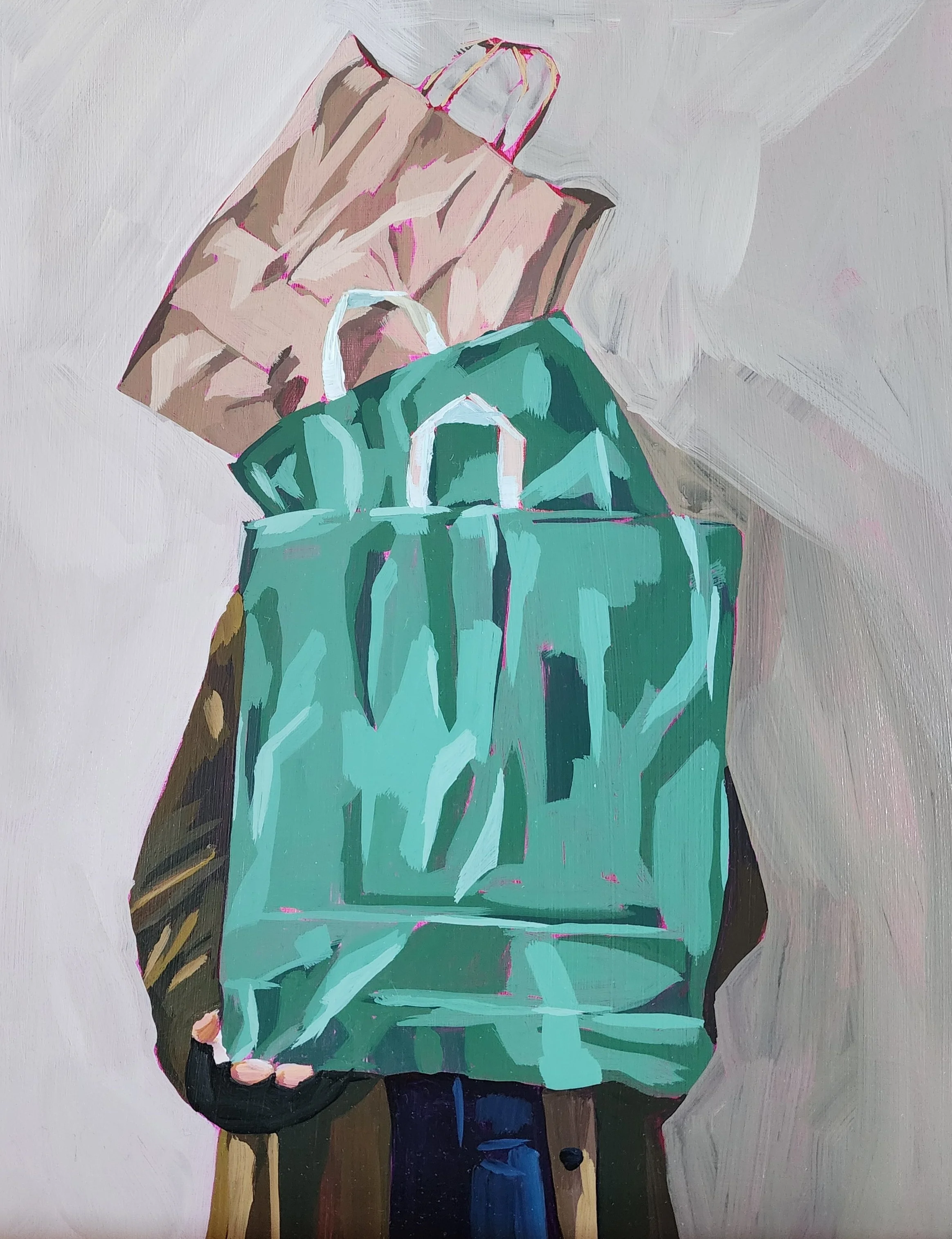 Figurative Painting with Shopping Bags — Original Acrylic Art 11 x 14 — "Shopping Spree"