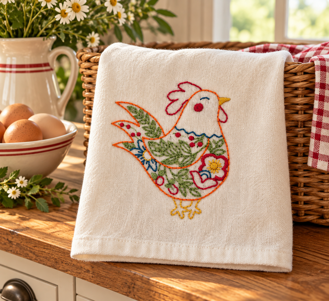 Hand Embroidered Floral Hen Kitchen Towel