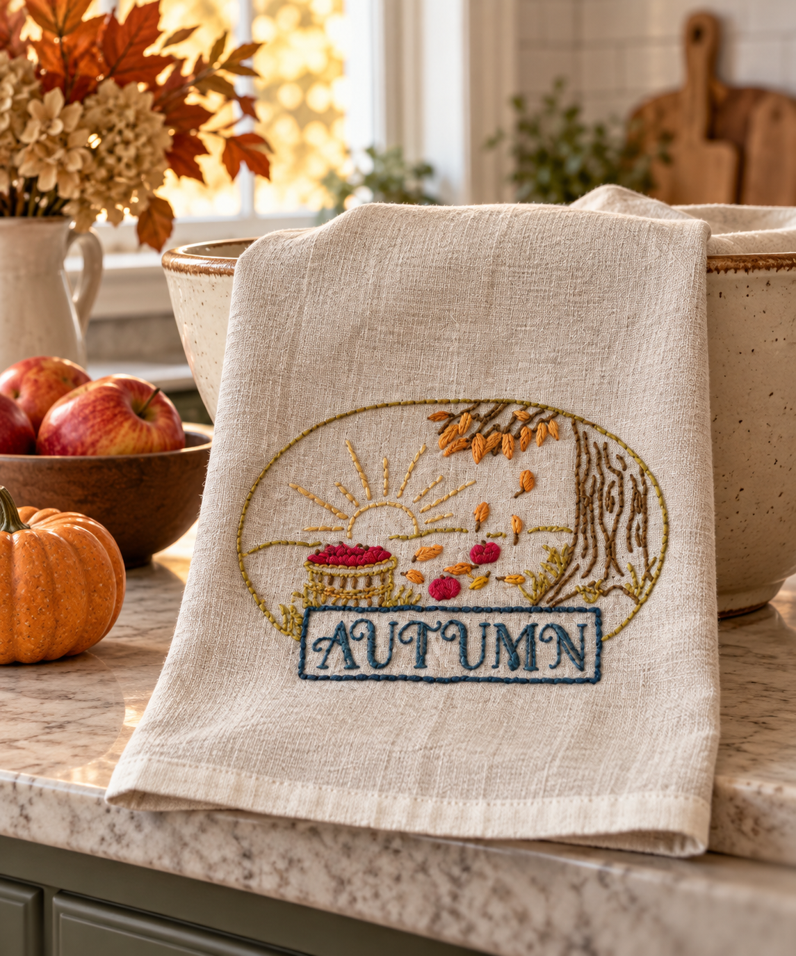 Hand-Embroidered Autumn Kitchen Towel — Fall Harvest Decor