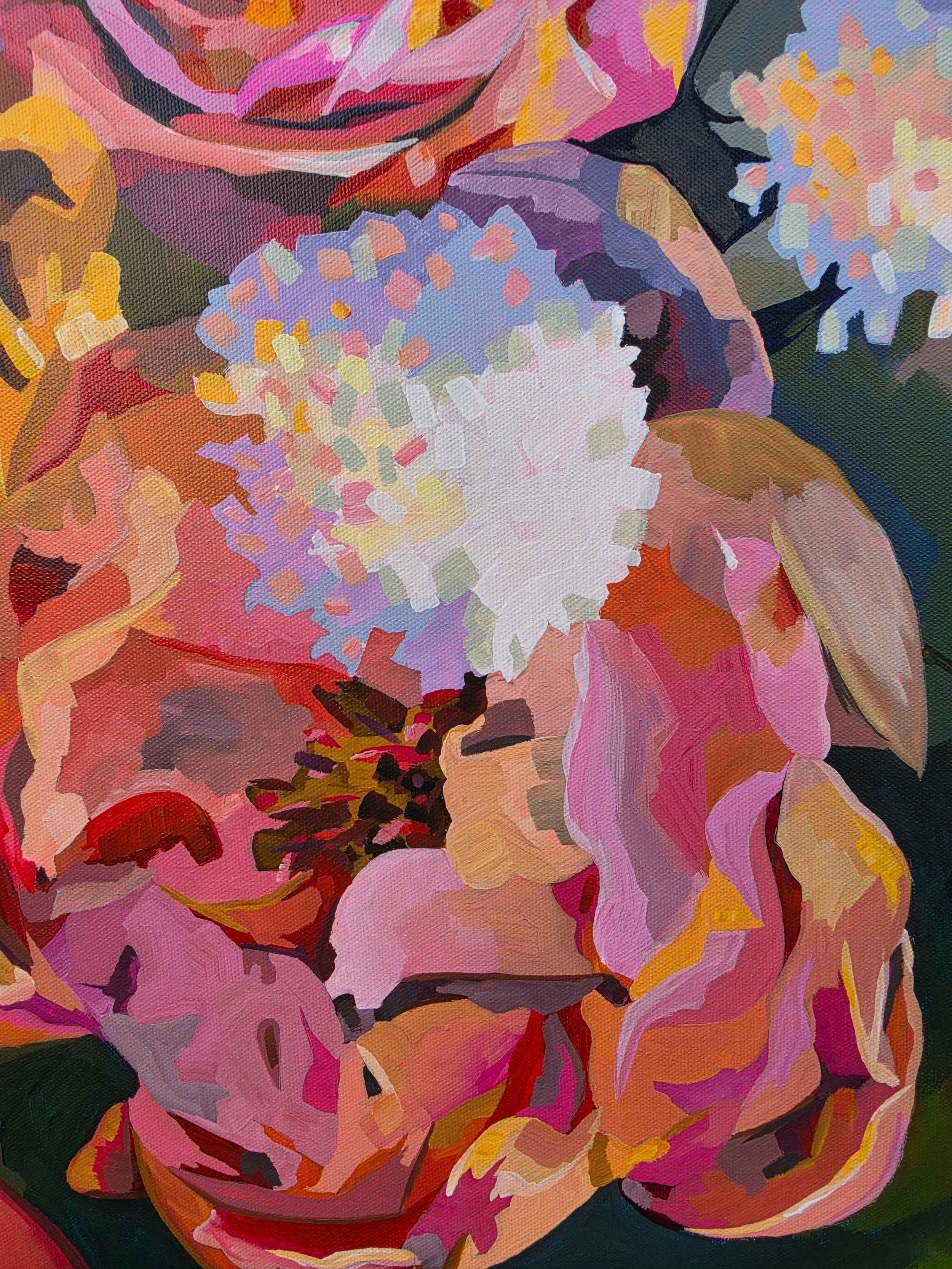 Close-up detail of layered pink, coral and blue flowers in Wild Abundance