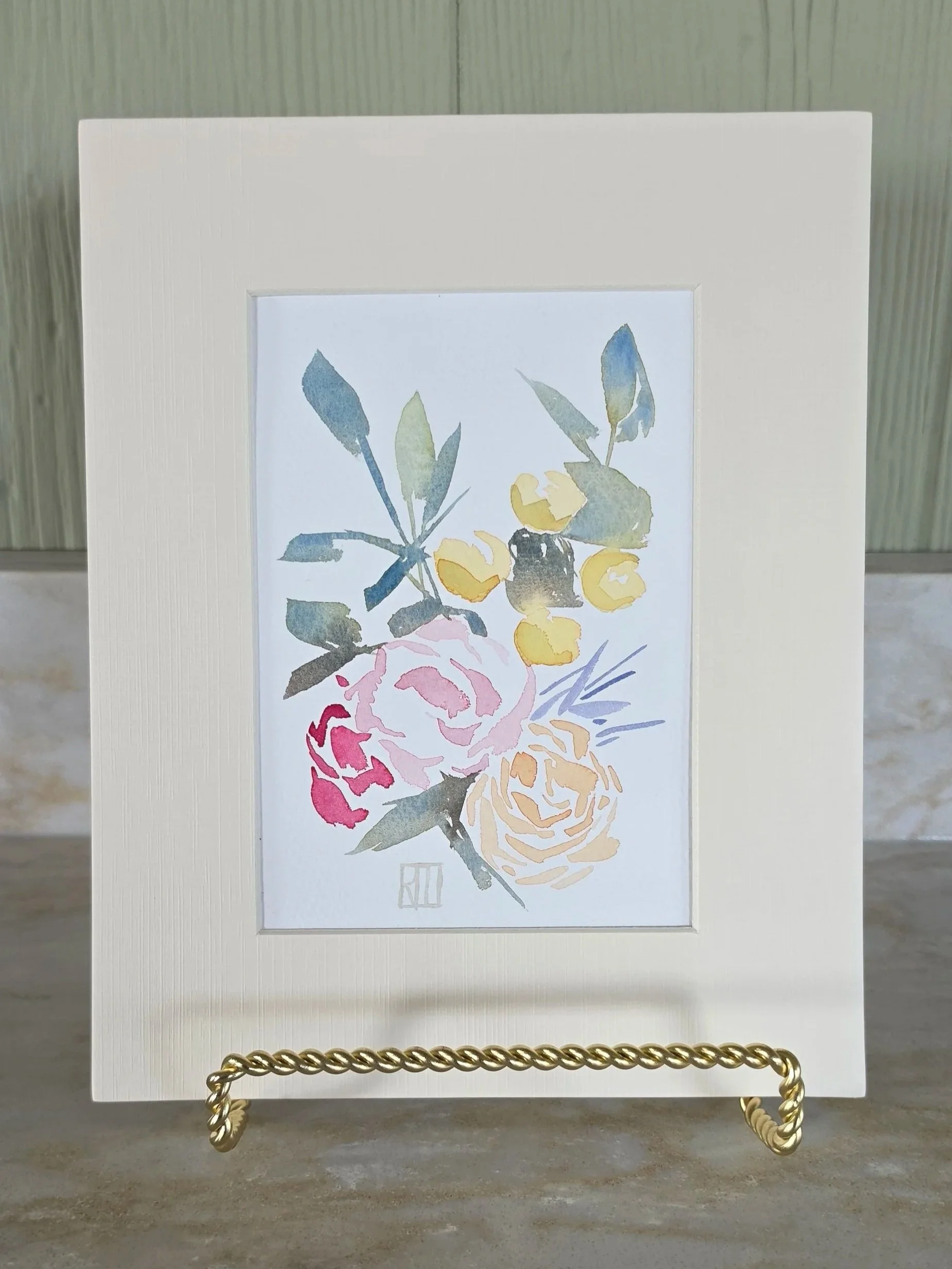 Original floral watercolor painting with pink and yellow flowers and green leaves by artist Robin Rae Werner, presented in a cream 8×10 mat.
