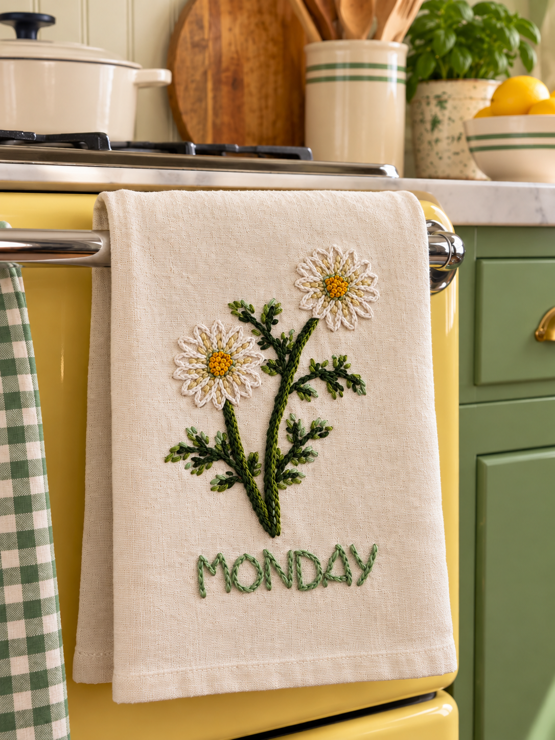 Hand Embroidered Monday Daisy Kitchen Towel — Handmade Cotton Tea Towel