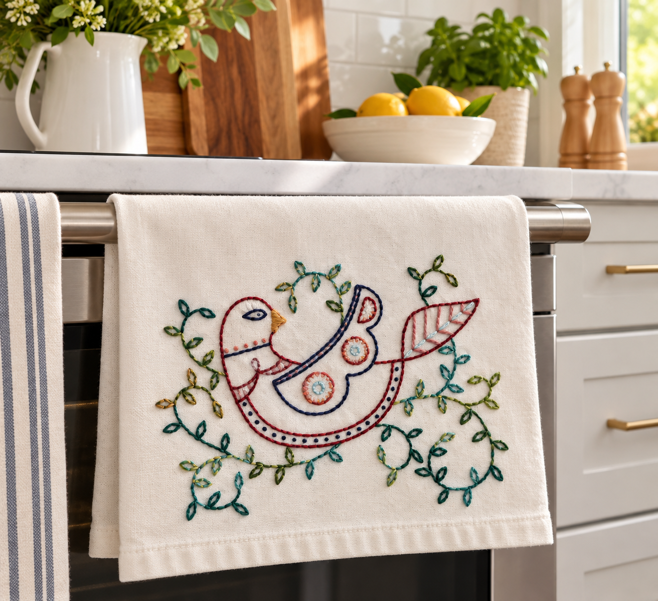Hand Embroidered FolK Art Bird Kitchen Towel