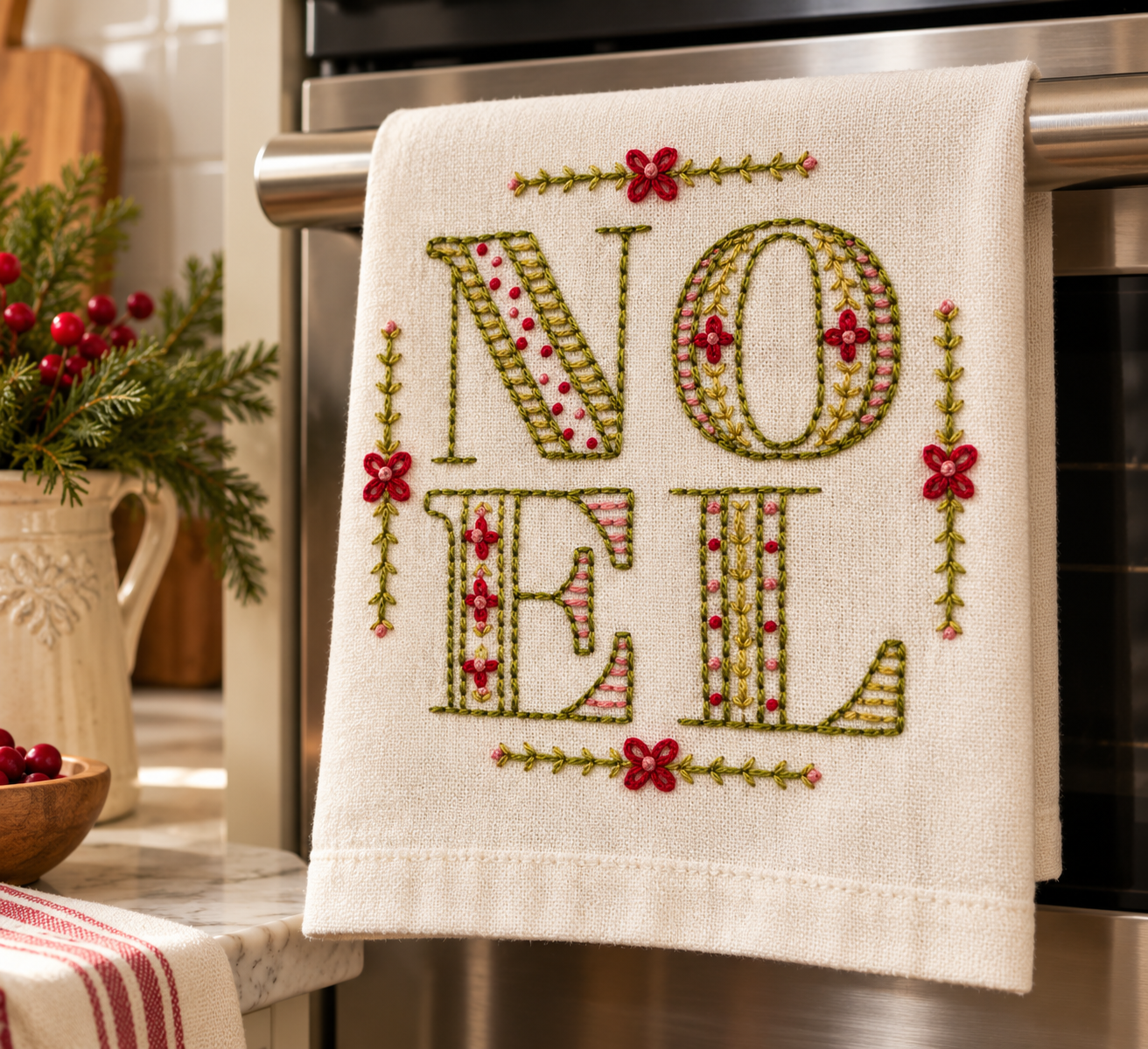 Noel Embroidered Dish Towel