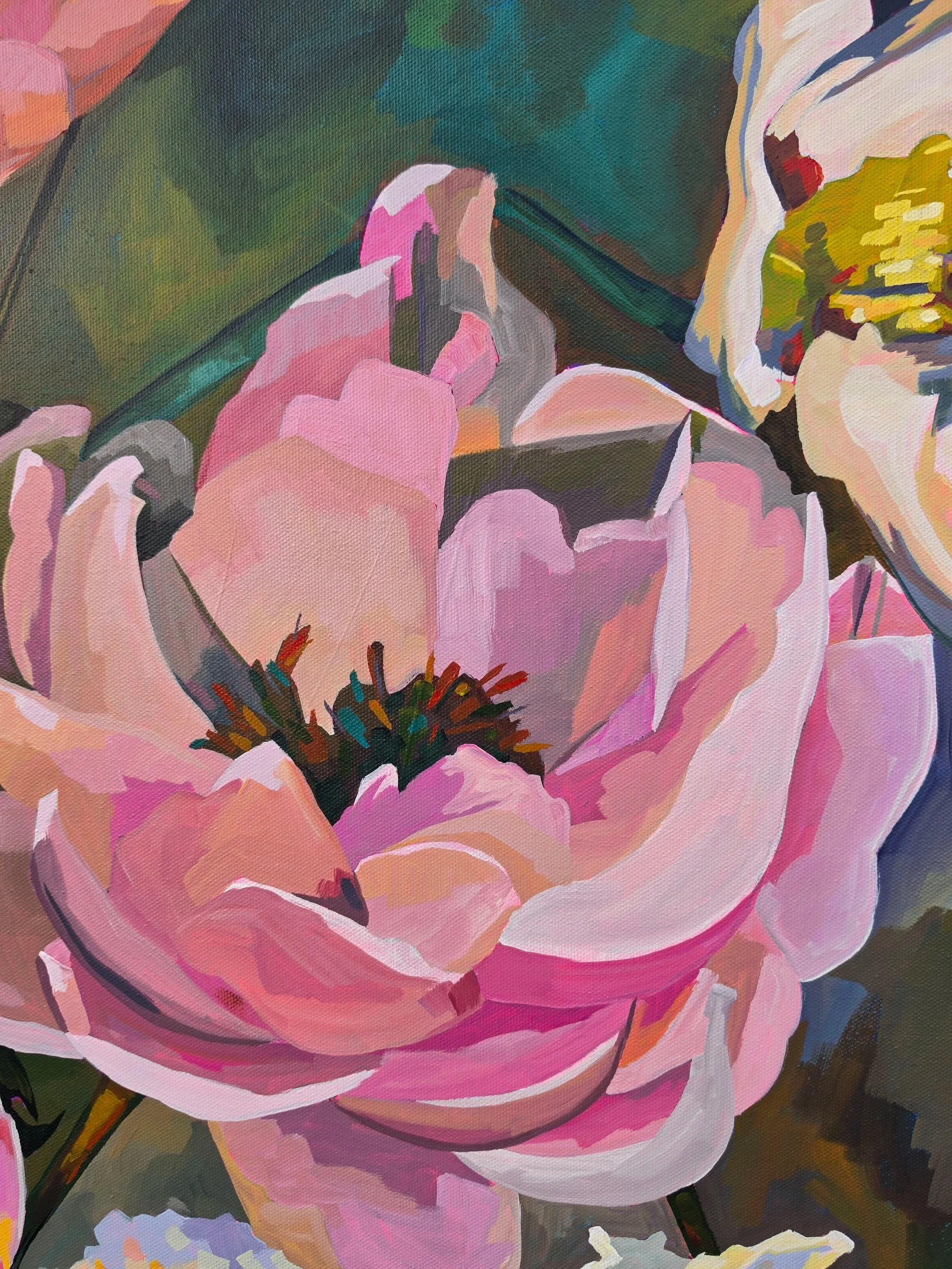 Close-up detail of pink and coral flowers in Wild Abundance original acrylic painting