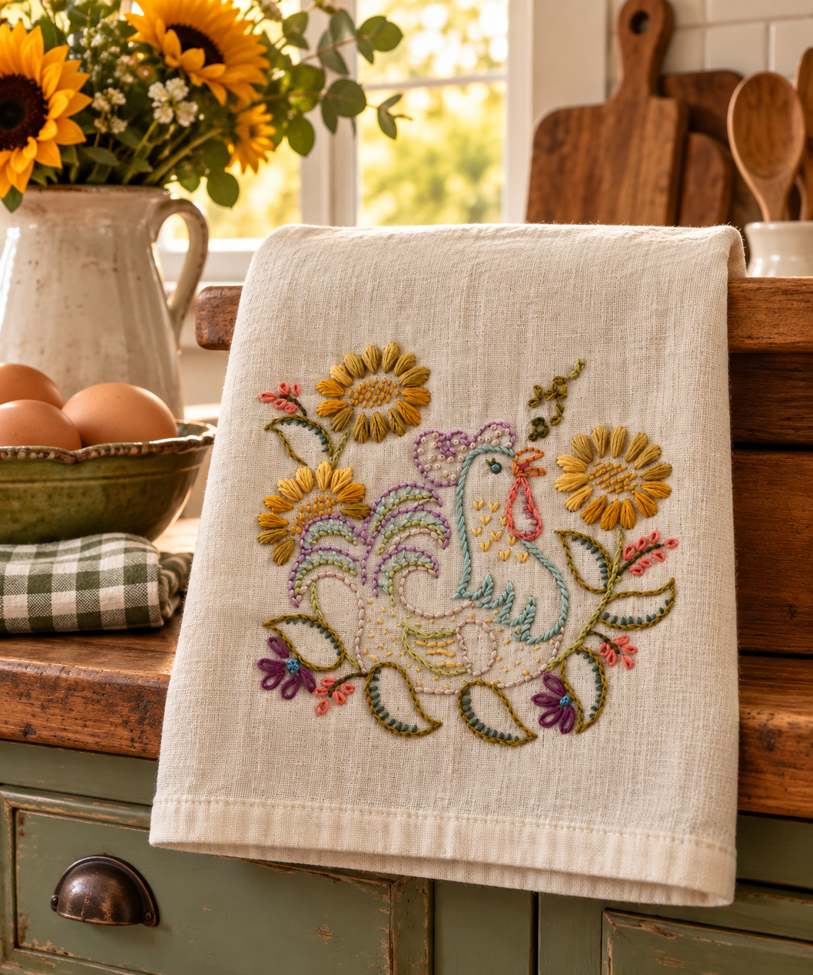 Hand-Embroidered Hen & Sunflower Kitchen Towel - Country Farmhouse Decor