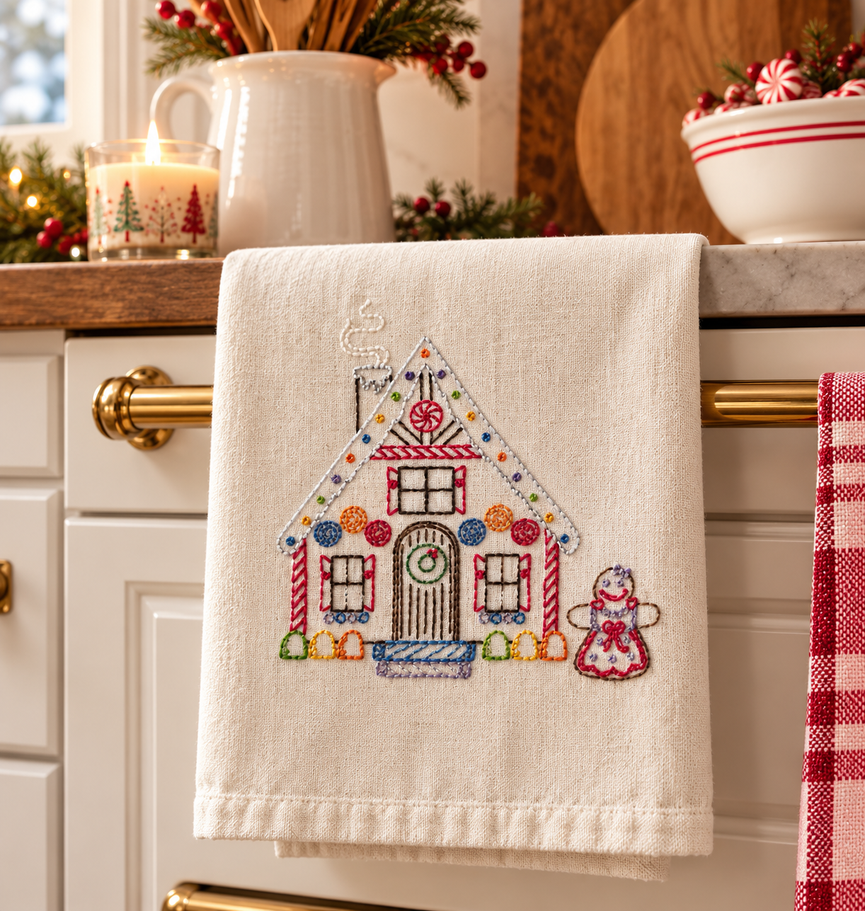 Gingerbread House Hand-Embroidered Christmas Kitchen Towel