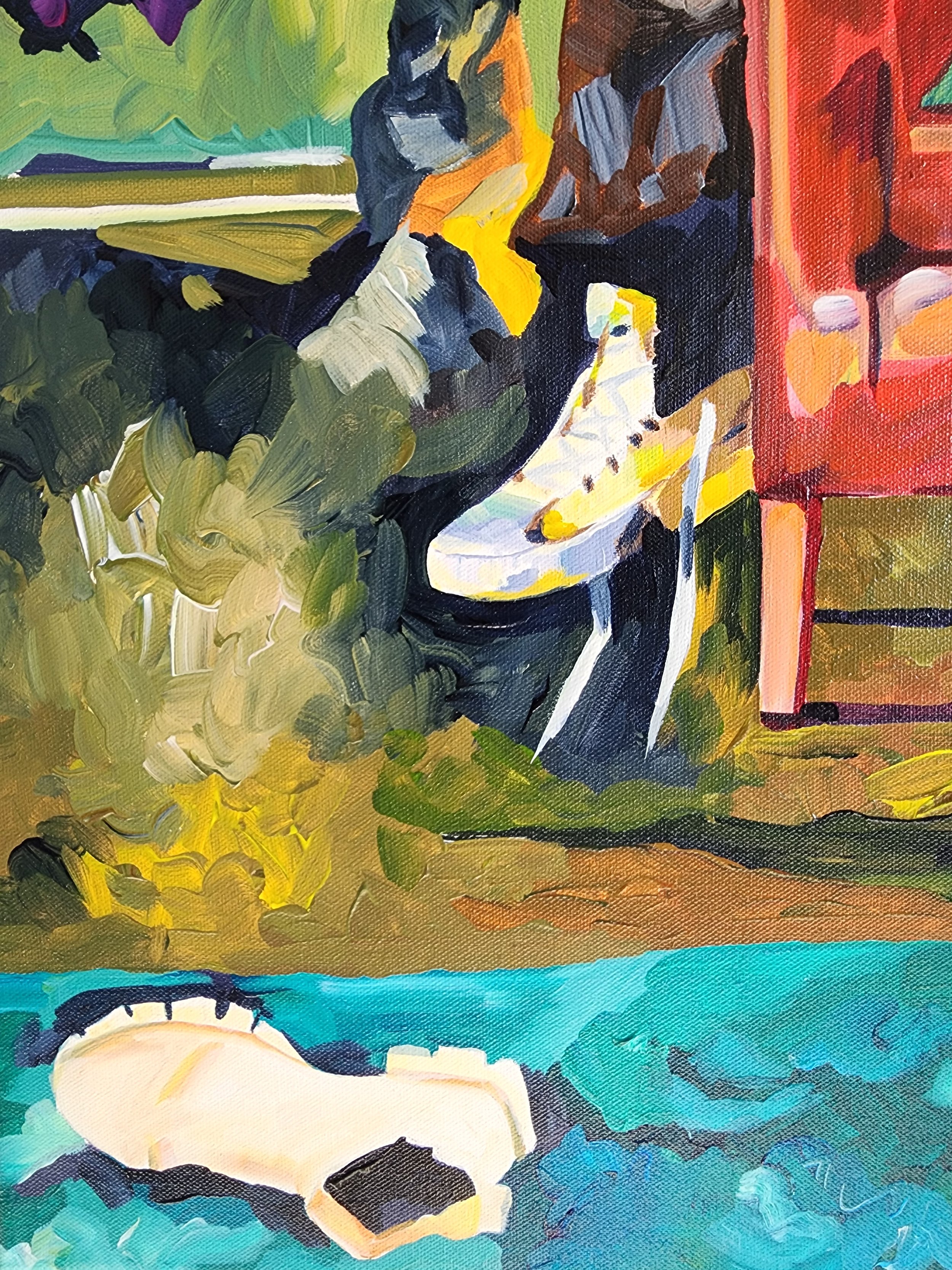 Woman in the Red Chair figurative fine art print by Robin Werner of Robin Rae Art featuring a seated woman surrounded by expressive colorful brushstrokes