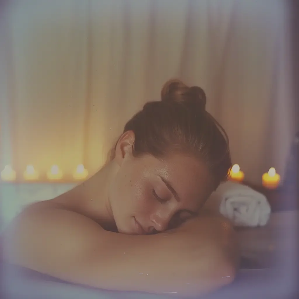 A woman with brown hair in a bun relaxes with her eyes closed during a massage in a dimly lit room with candles in the background.