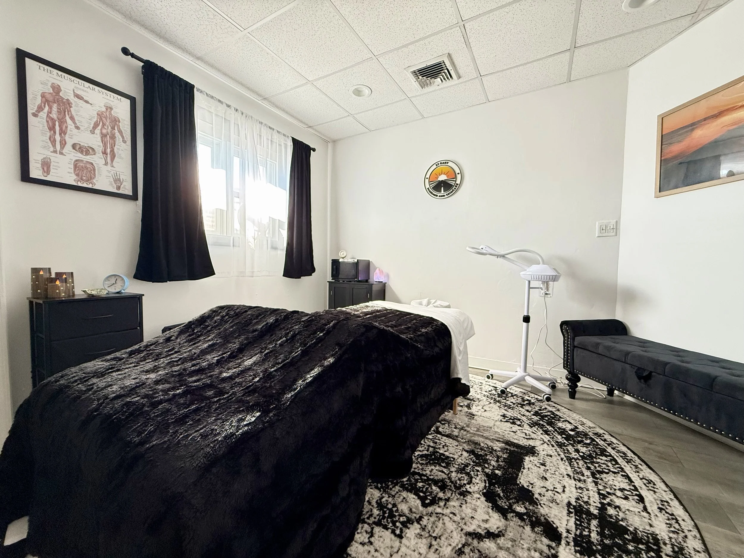 A bedroom with a bed covered in a black faux fur blanket, two black nightstands, a window with white and dark curtains, a small TV, a white lamp, a black chair, a patterned rug, a wall clock, a framed anatomy poster, and a painted landscape picture.