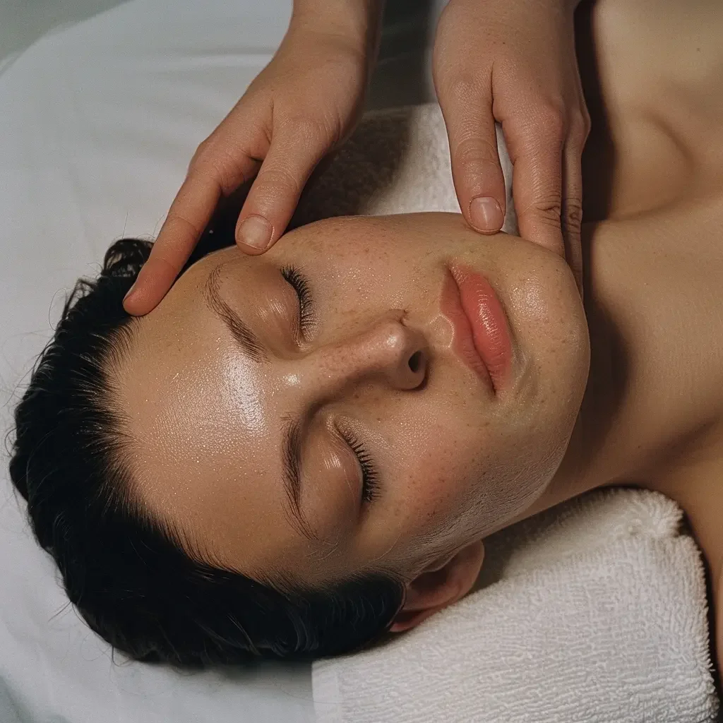 A woman receiving a facial treatment while lying down with her eyes closed, and a practitioner applying skincare on her face.