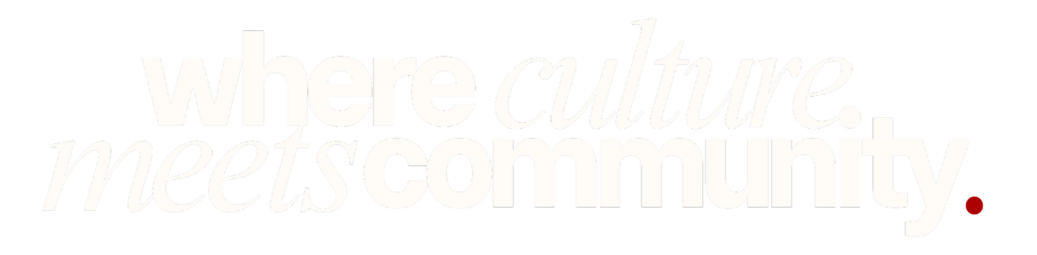 Stylized black and white text that reads 'where culture meets community' with a red dot at the end.