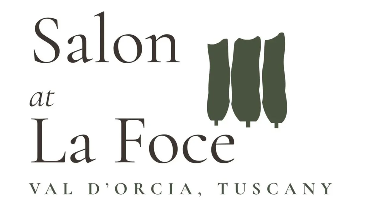 Text reads "Salon at La Foce Val d'Orcia, Tuscany" with a stylized illustration of three green bottles.