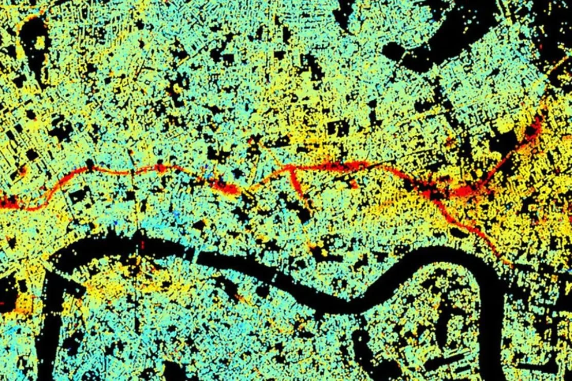Interferometric Synthetic Aperture Radar (InSAR) map of London, showing InSAR Persistent Scatterers (PS) across the city, with a red line indicating the subsidence caused by tunnelling for Crossrail.
