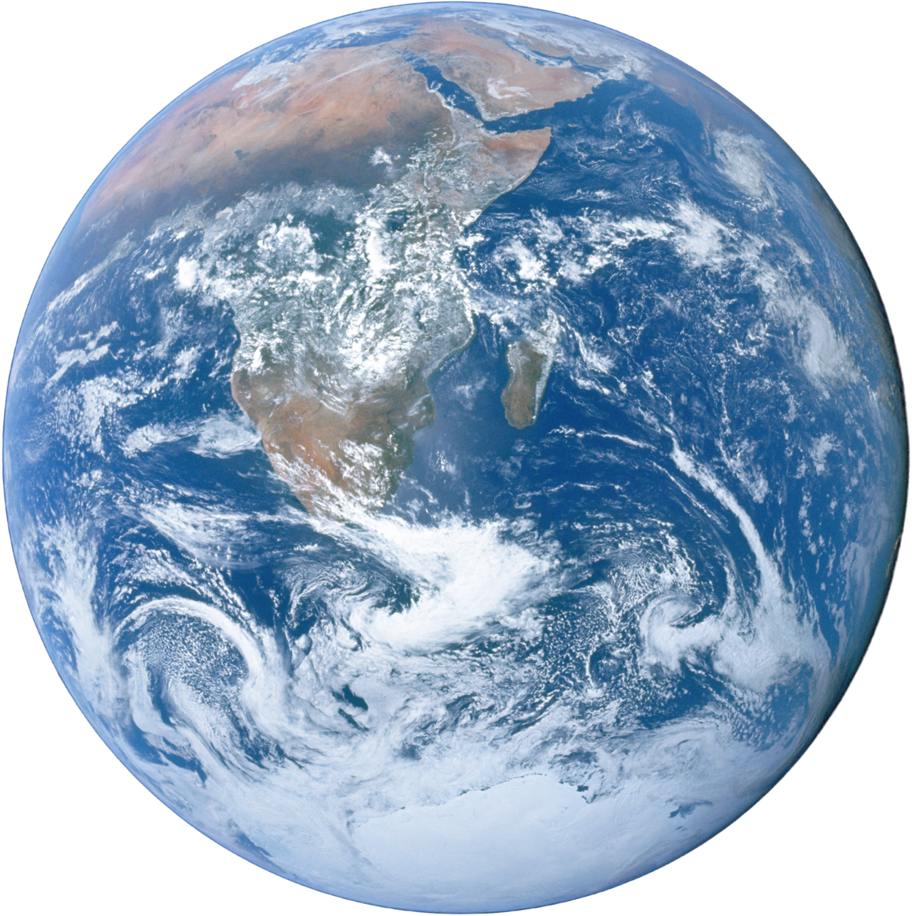 NASA blue marble. A view of Earth from space showing Africa, the Middle East, and parts of Asia and the Indian Ocean with cloud patterns over the continents and ocean.